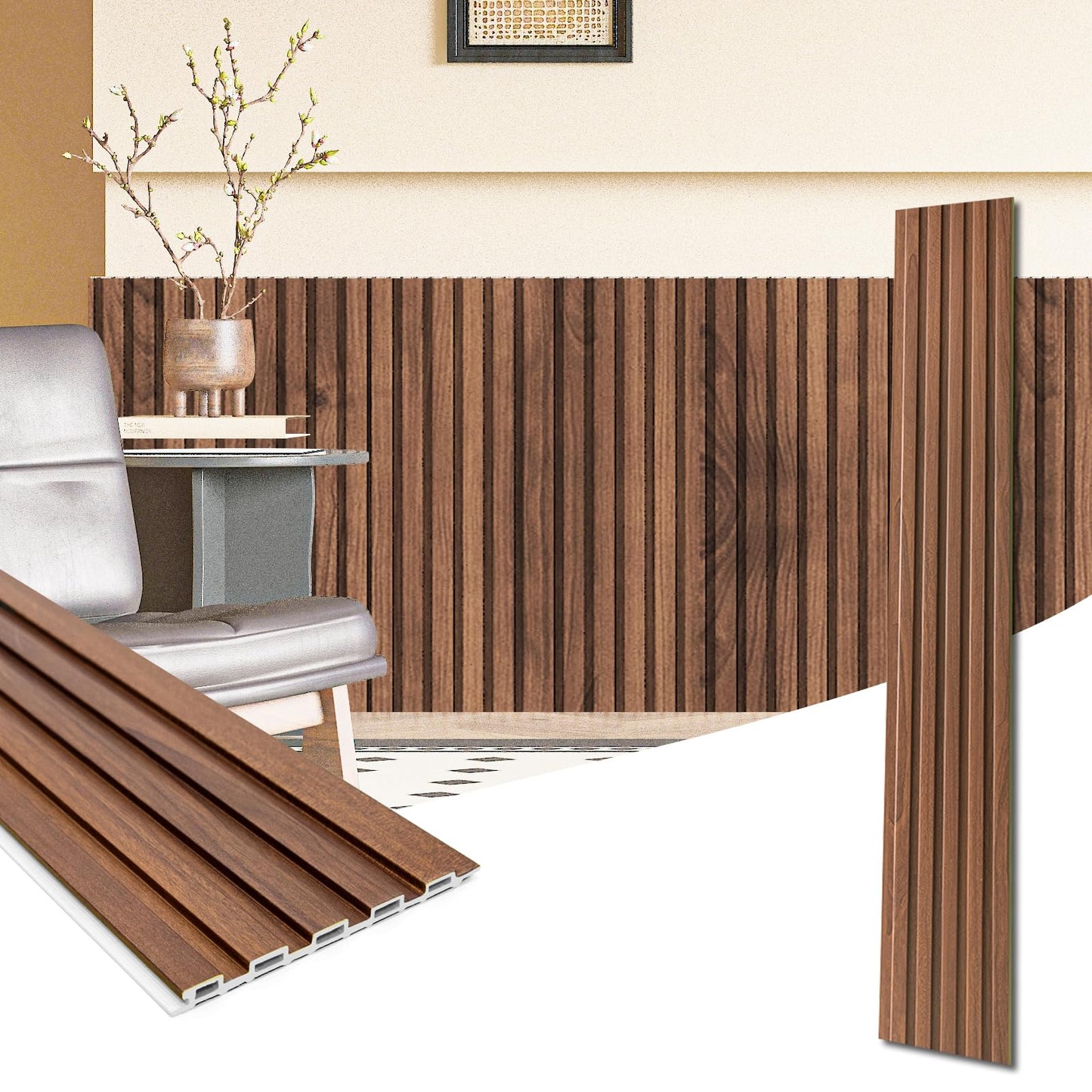 Art3d WPC Wainscoting Panels, 16-Pack 48 x 6 Inch 3D Wall Accents for Interior Wall Decor, Living Room, Bedroom, Teak