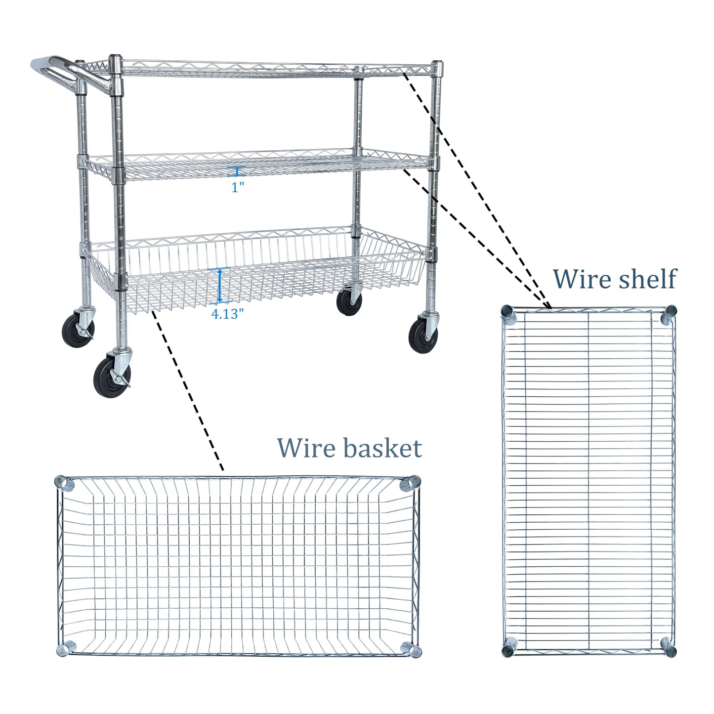 Sailret 36" Wx18 D Commercial Grade Rolling Utility Cart, 3 Tiers Metal Kitchen Utility Cart with Wheels for Restaurant, Office & Home, Storage Trolley with 105 mm Deep Basket, Wire Food Service Cart