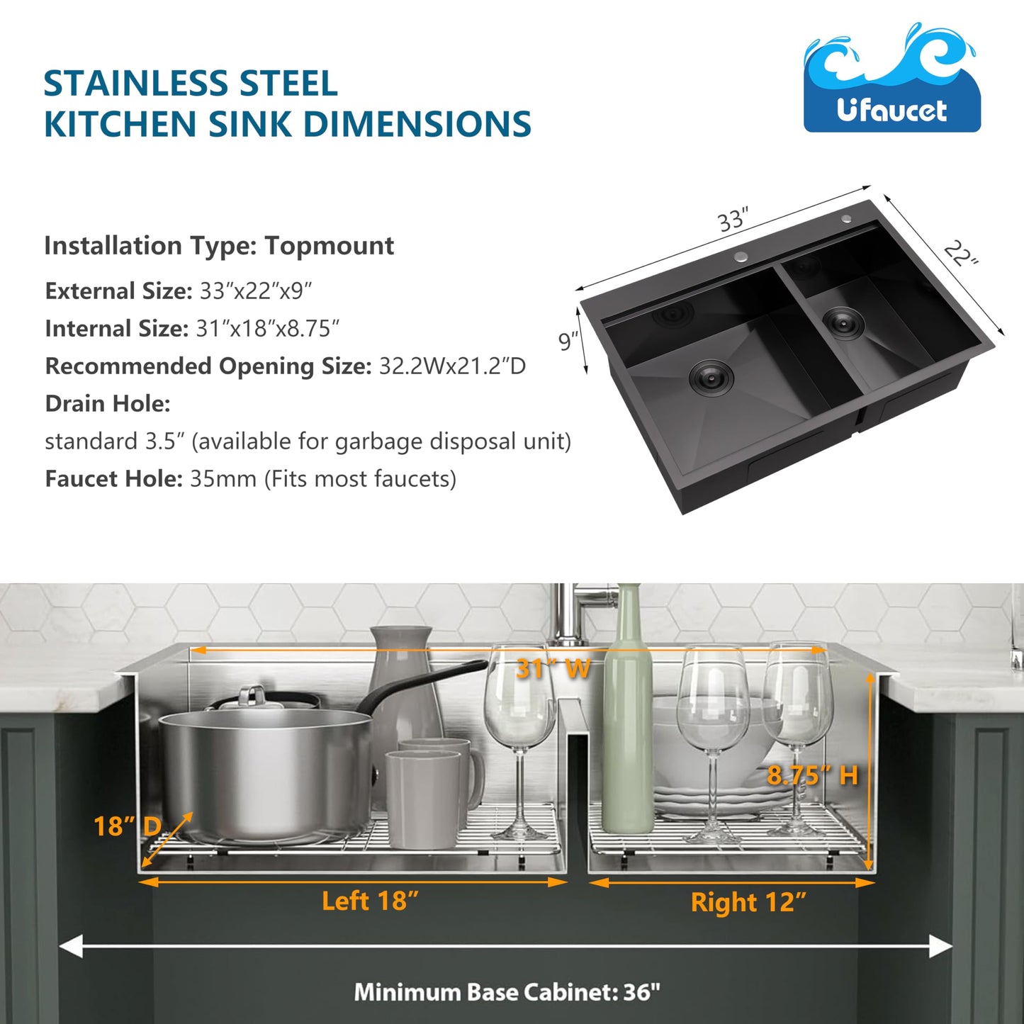 UFaucet 60/40 Drop In Double Bowl Kitchen Sink Black, 33x22 Inch Gunmetal Black Drop In Kitchen Sink Ledge Workstation 16 Gauge Stainless Steel Topmount Dual Basin with Cutting Board