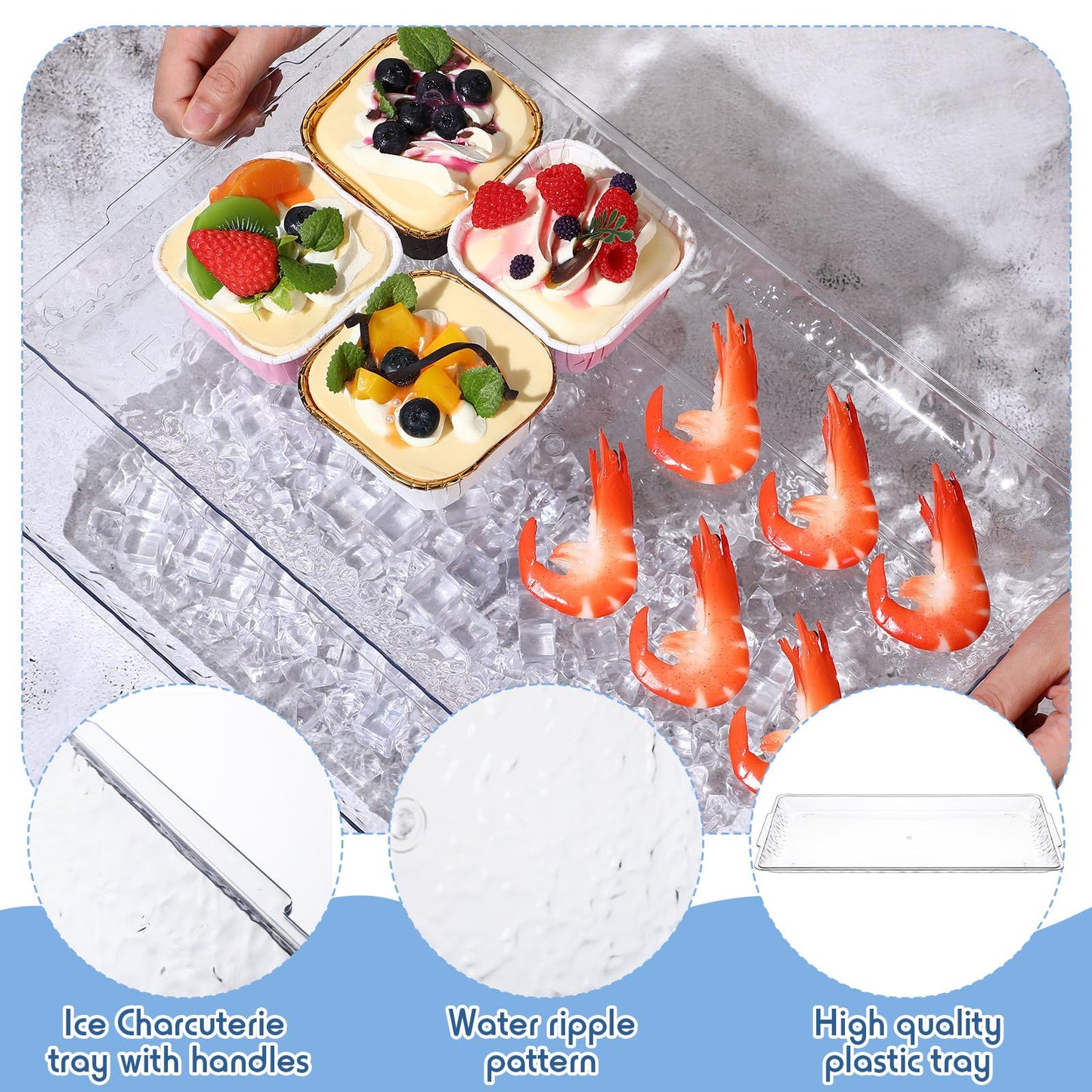 Baderke 2 Set 16" x 9" Plastic Chilled Serving Tray for Parties with Compartments Ice Chilled Party Platter Charcuterie Serving Board Cold Dish Dip for Fruit Seafood Vegetable Appetizer (Clear)