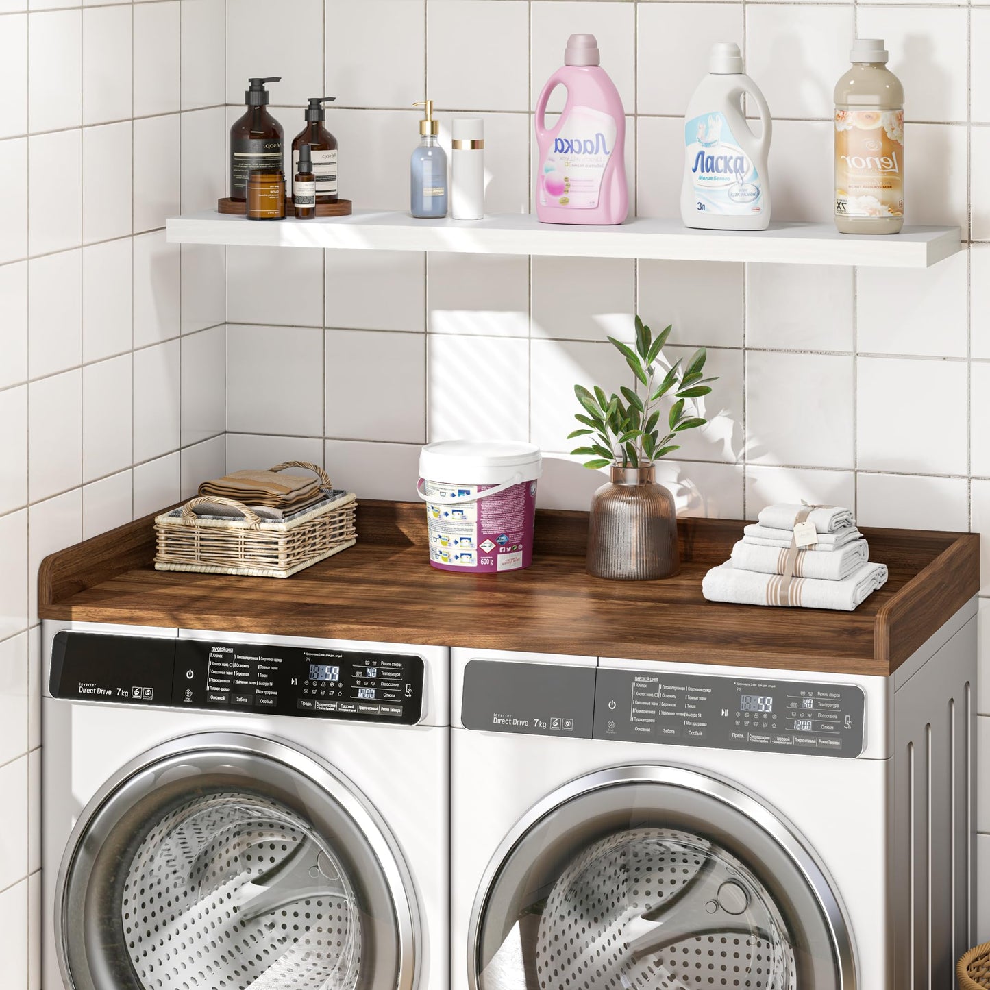 Washer Dryer Countertop, 27.5"x54" Wood Washer and Dryer Countertop with 2.95" Edge Rails, Laundry Machine Topper with Rounded Corner for Laundry Room Organization and Storage, Walnut
