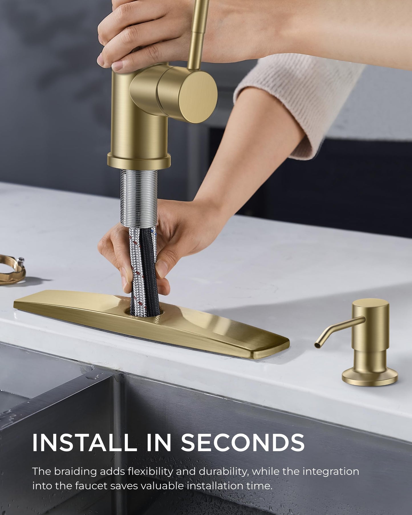 FORIOUS Gold Kitchen Faucet with Soap Dispenser, Stainless Steel Sink Faucet with Pull Out Sprayer Modern Single Handle Suitable for RV Bar Farhouse Laundry Outdoor