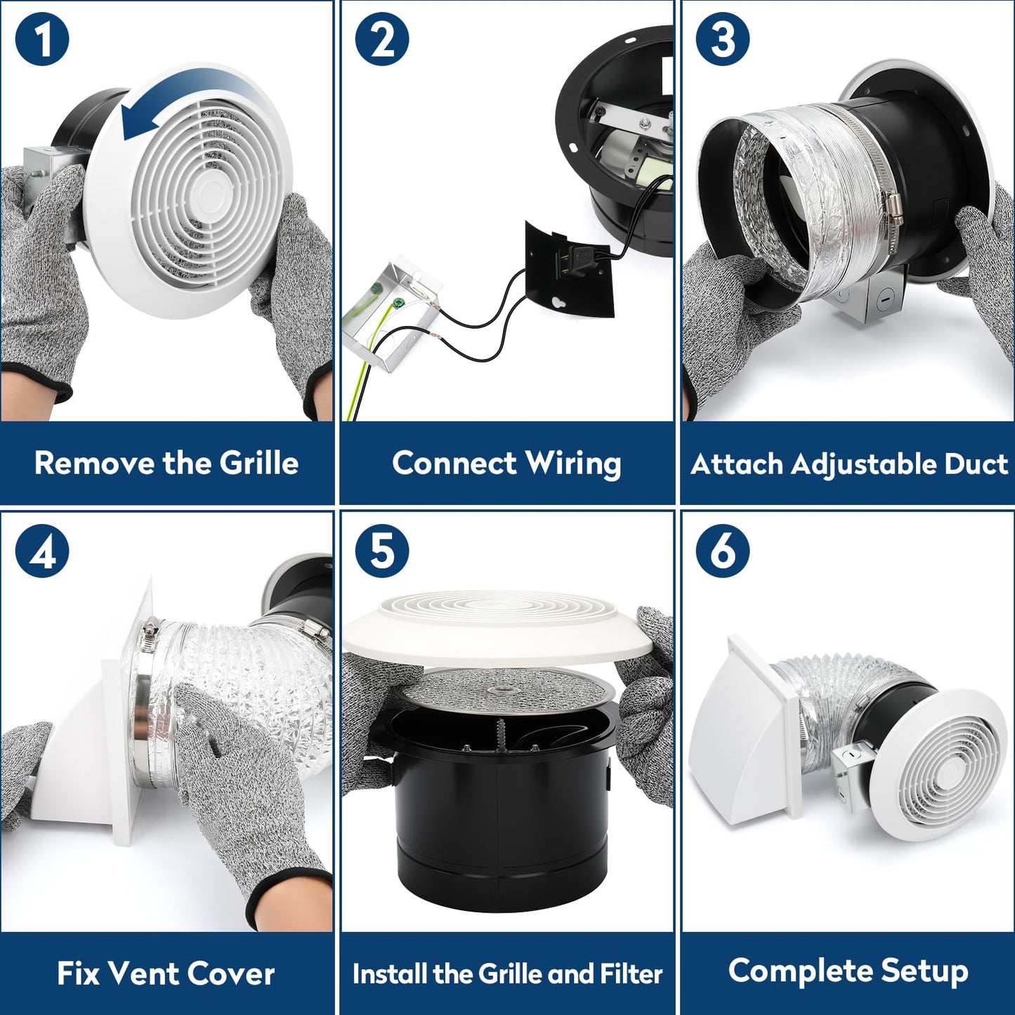 512M 6 Inch Through-the-Wall Exhaust Fan with White Grille, 80 CFM, 4.0 Sone, 16-Inch Retractable Duct, Household Ventilation Fan for Attic, Garage, Kitchen and Bathroom Exhaust Fan, Bathroom Vent Fan
