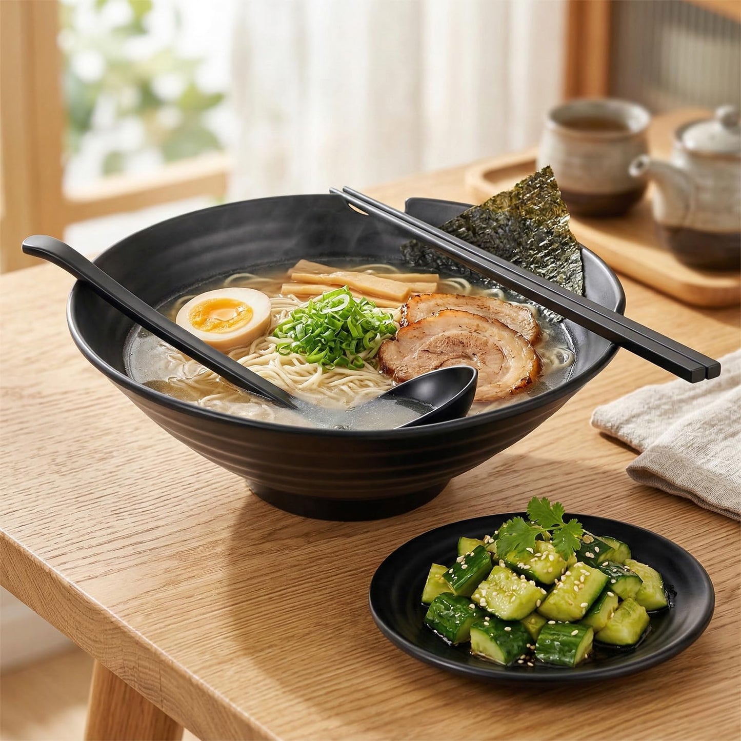 4 Sets Unbreakable Japanese Style Ramen Bowl, 44 oz Large Black Matte Melamine Bowls and Spoons Set with Chopsticks & Saucers, Melamine Large Ramen Bowls Sets for Pho, Thai, Miso, Udon, Asian Food