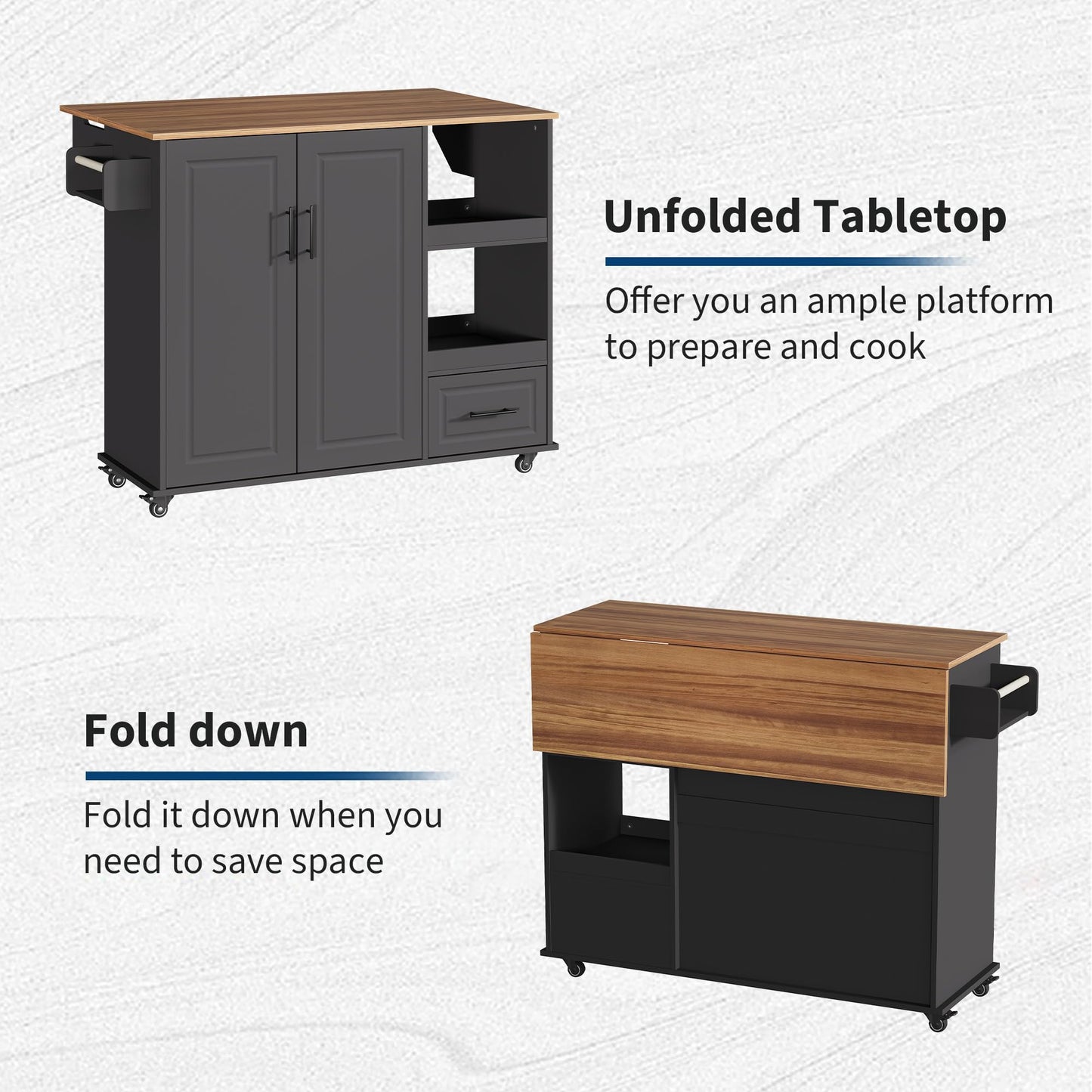 IDEALHOUSE Rolling Kitchen Island on Wheels, 48'' Mobile Kitchen Cart with Drop Leaf, Butcher Block Island with Open Shelf, Drawer, Spice Rack, Wood Top, and Lockable Wheels