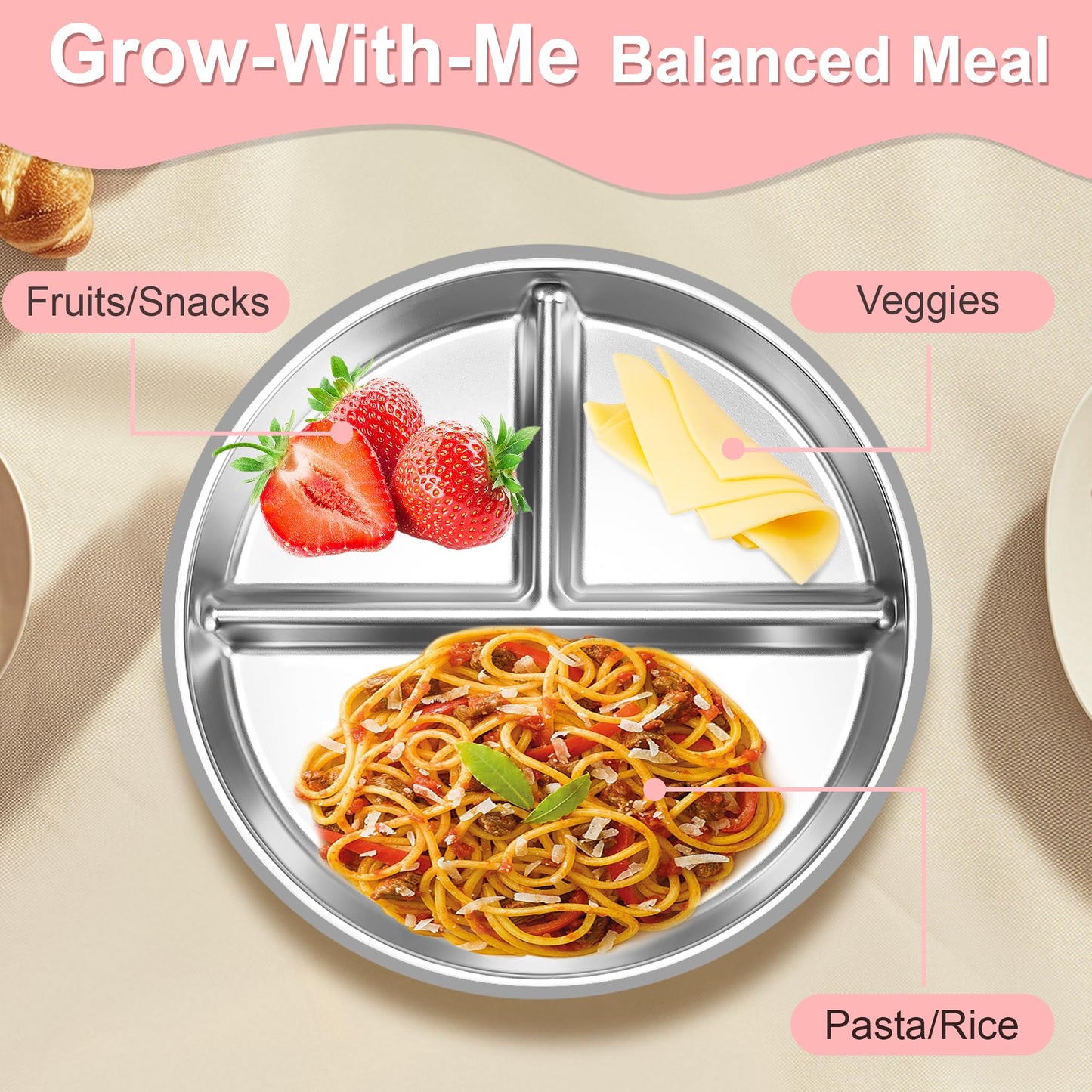 Bella’s Friends Baby Feeding Set, 2 Pack Stainless Steel Divided Plate with Silicone Suction, 2 Set Spoons and Forks, BPA Free, Dishwasher Safe, Baby Led Weaning Supplies, Toddler Utensils,beige green