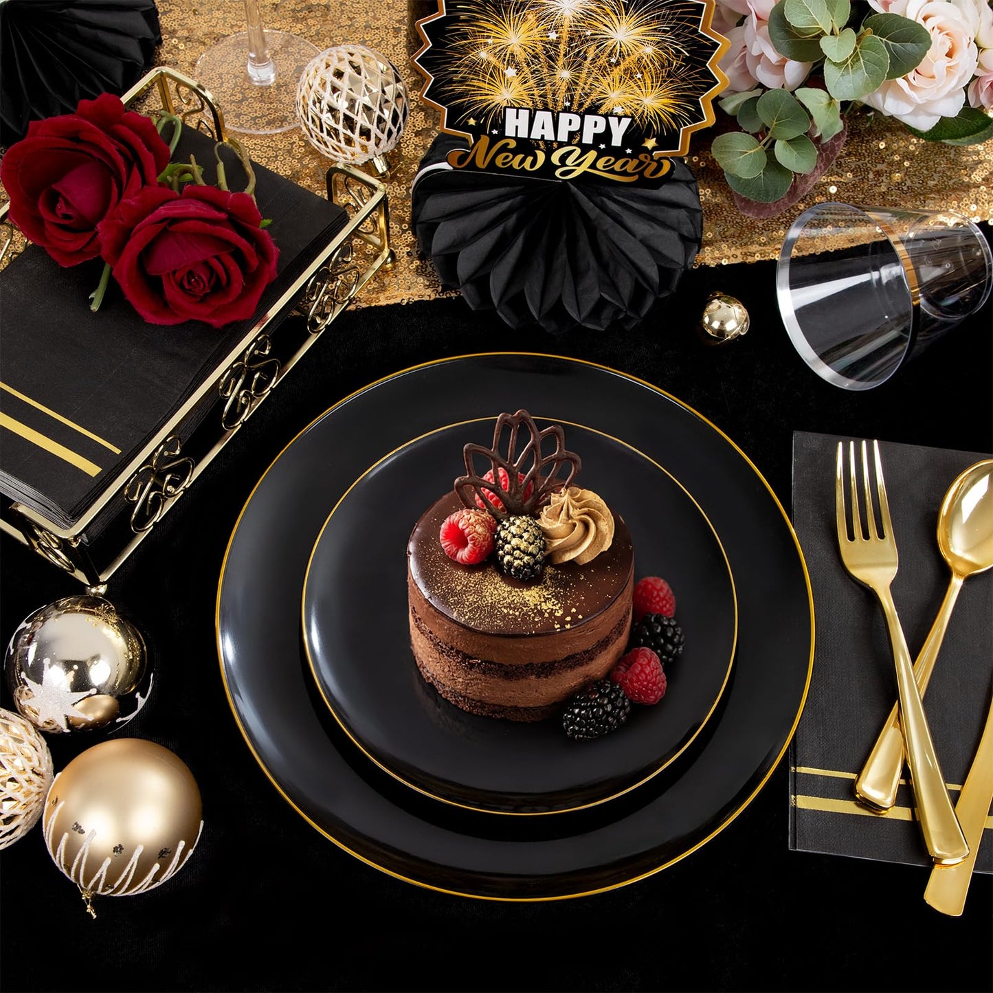 NOCCUR 350PCS Black and Gold Plastic Plates - Black Disposable Dinnerware Set for 50 Guests, 100 Dinner/Dessert Plates, 150 Gold Silverware, 50 Cups&50 Napkins for Party/Birthday/Graduation