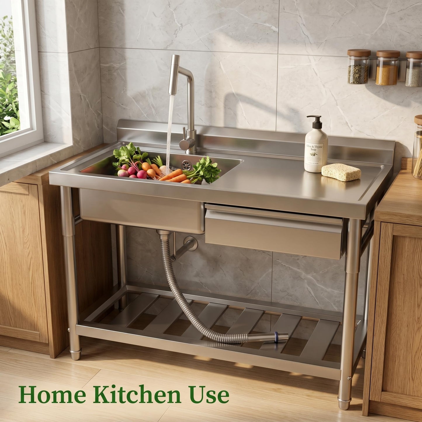 Freestanding Utility Sink 47" x 20" x 37", Left Side Single Bowl with Right Side Countertop and Storage Drawer, Stainless Steel Laundry Sink with T Shape Faucet, Workbench for Garage or Laundry Room