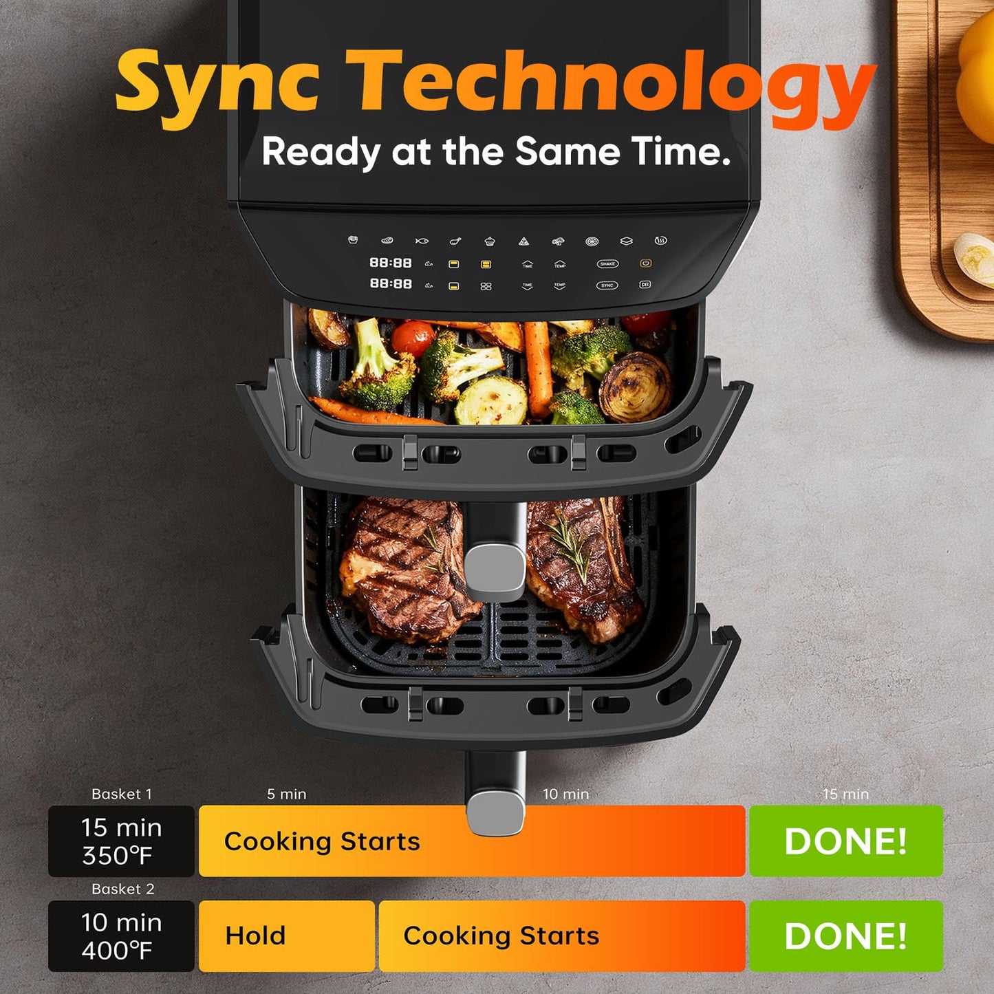 Dual Basket Air Fryer, 12.6QT Family-Size for 10–12 People, XL Basket for 6LB Whole Chicken, DoubleStack Compact Design, 10-in-1 Functions with Reheat, Dehydrate & SyncFinish, Dishwasher-Safe, Black