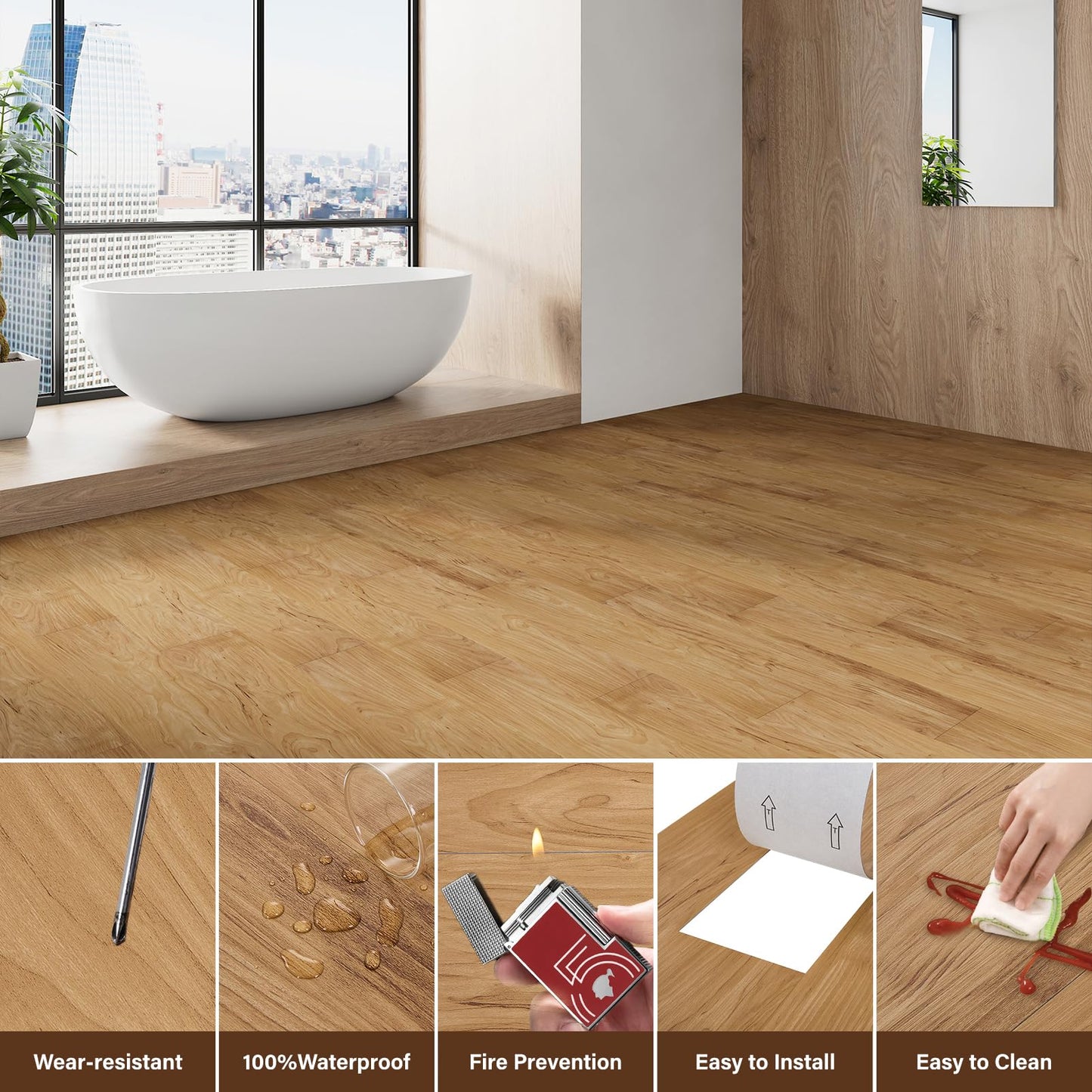 INMOZATA Peel and Stick Floor Tile Vinyl Flooring, Waterproof Vinyl Plank Flooring 36-Pack 54 Sq.Ft Wood Grain Self Adhesive Peel and Stick Flooring for Bedroom, Living Room, Kitchen, RV(Burlywood)