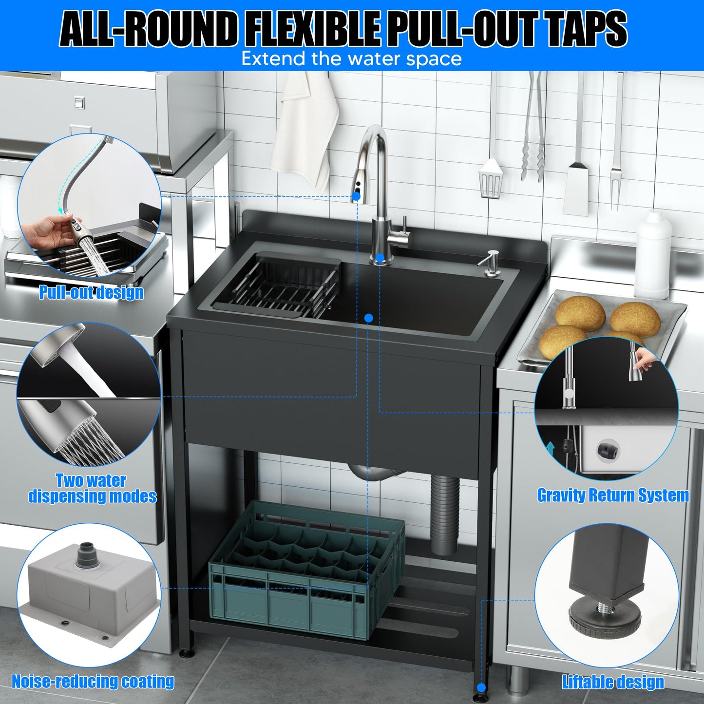 30inch Stainless Steel Utility Sink, Commercial Kitchen Single Bowl Sink with Cold and Hot Water Faucet,Hoses and Drain Kit,Stainless Utility Sink for Kitchens, Bathrooms, Garage, Laundry Room