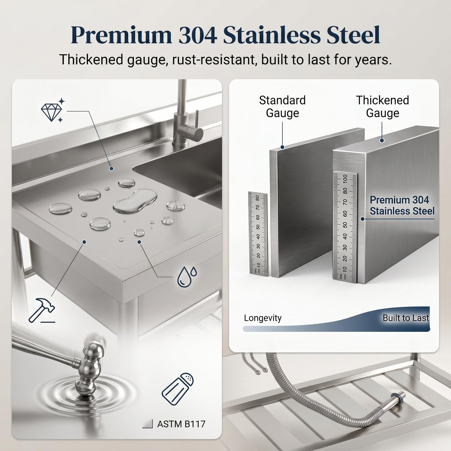 Freestanding Utility Sink 47" x 20" x 37", Left Side Single Bowl with Right Side Countertop and Storage Drawer, Stainless Steel Laundry Sink with T Shape Faucet, Workbench for Garage or Laundry Room