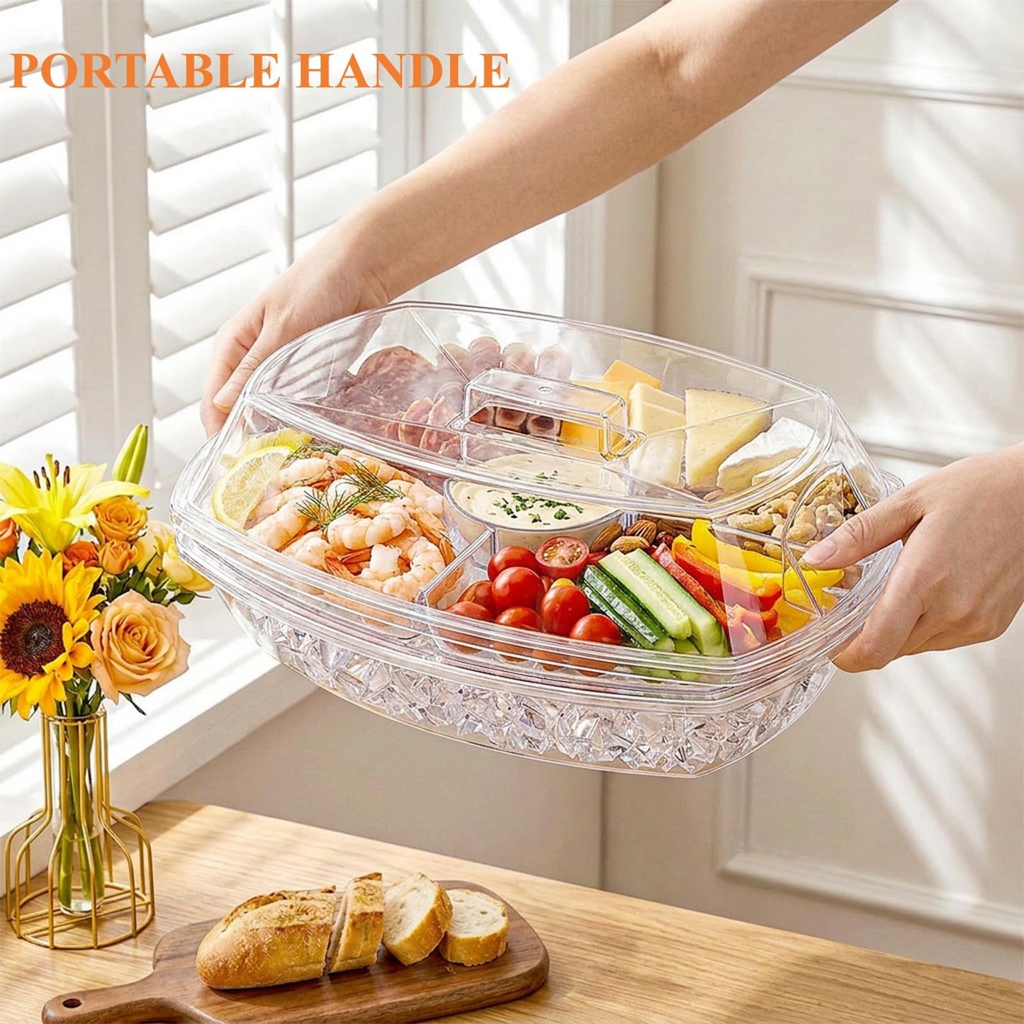 DEAYOU Ice Serving Tray for Party Food, Chilled Serving Platter Dish with 4 Compartments, 15" Divided Serving Bowl with Lid for Appetizers, Fruits, Vegetables, Salads, Shrimp Cocktail