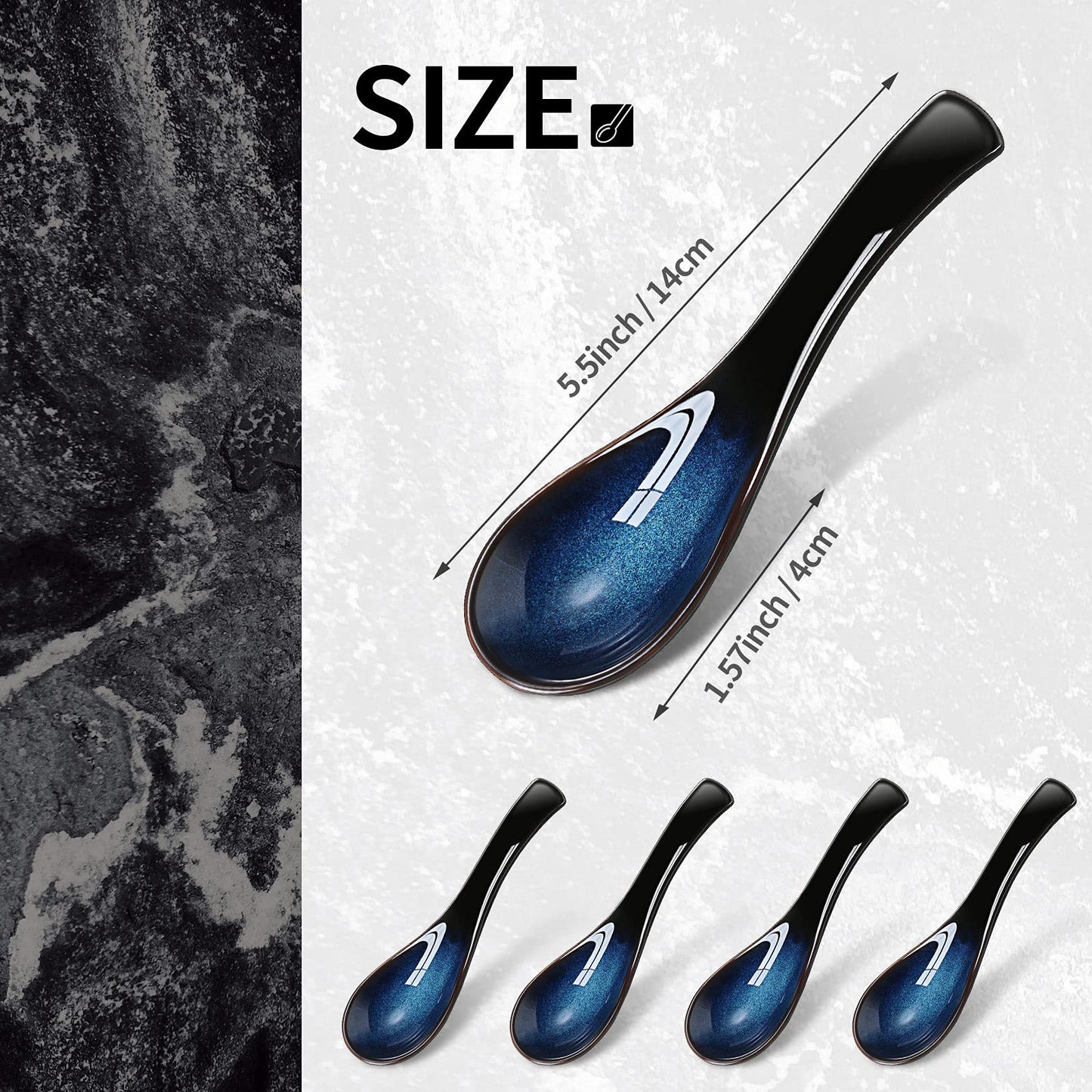 Geiserailie 4 Pieces Asian Ceramic Soup Spoons Set Long Handle Chinese Spoons Retro Blue Japanese Ramen Bowl Soup Spoon Suitable for Gravy, Cake, Oatmeal, Dumplings