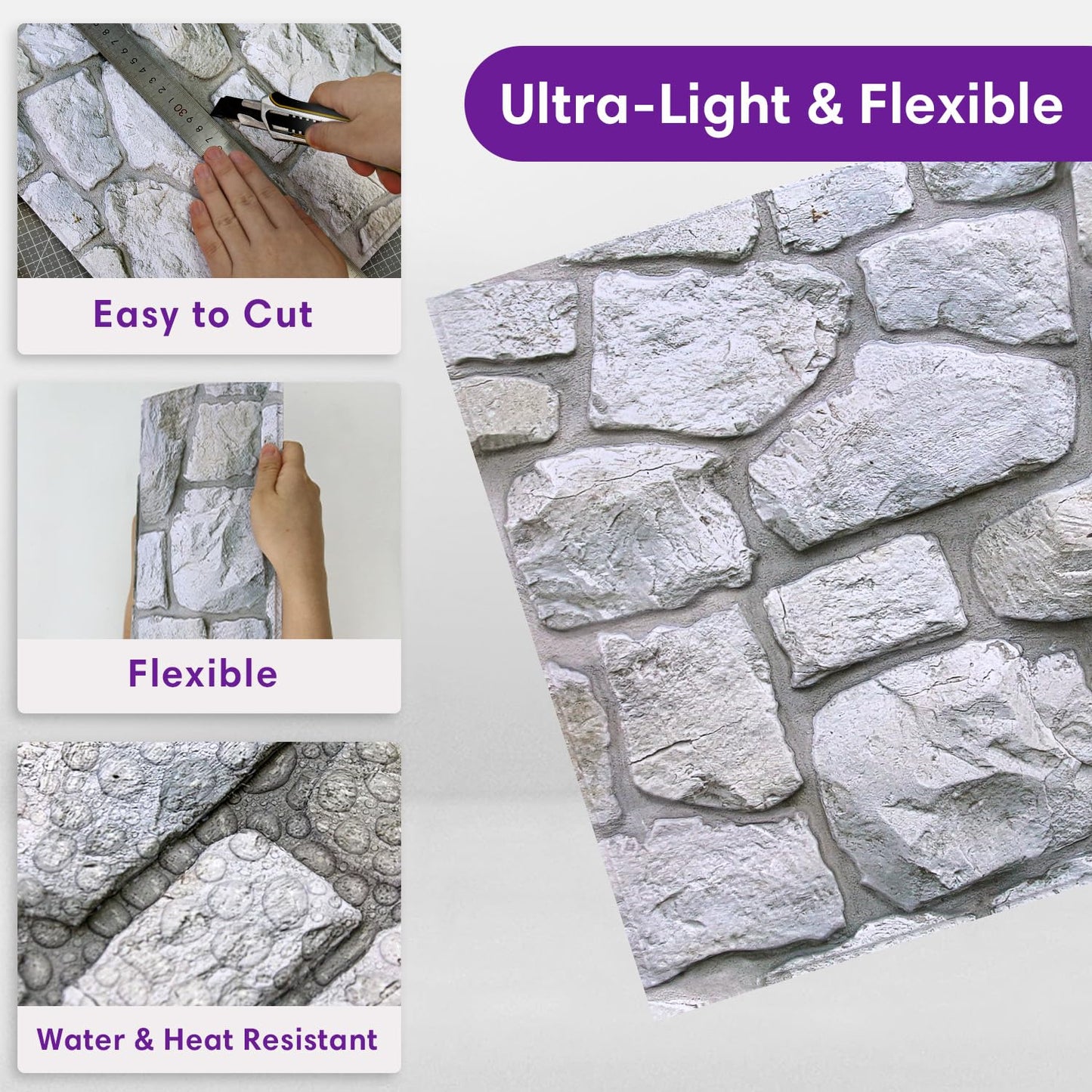 SMOOSTIKC 3D Faux Stone Wall Panels Peel and Stick Whitewash, 10 Pcs 11.8" x 11.8", Stone-Look Textured Wall Sticker, Ultra-Light Thin PVC Fake Stone Wall Covering Tiles for Quick DIY