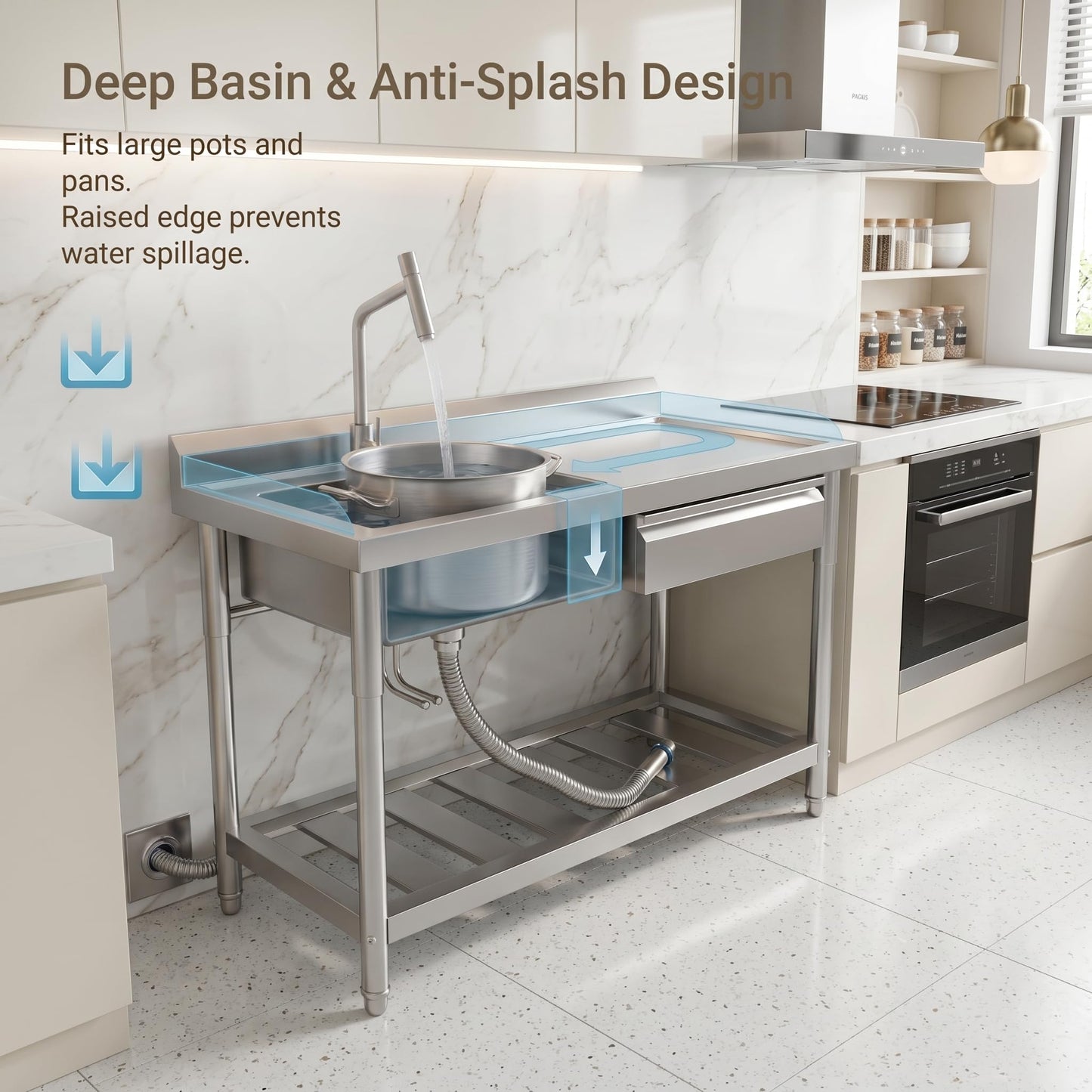 Freestanding Utility Sink 47" x 20" x 37", Left Side Single Bowl with Right Side Countertop and Storage Drawer, Stainless Steel Laundry Sink with T Shape Faucet, Workbench for Garage or Laundry Room