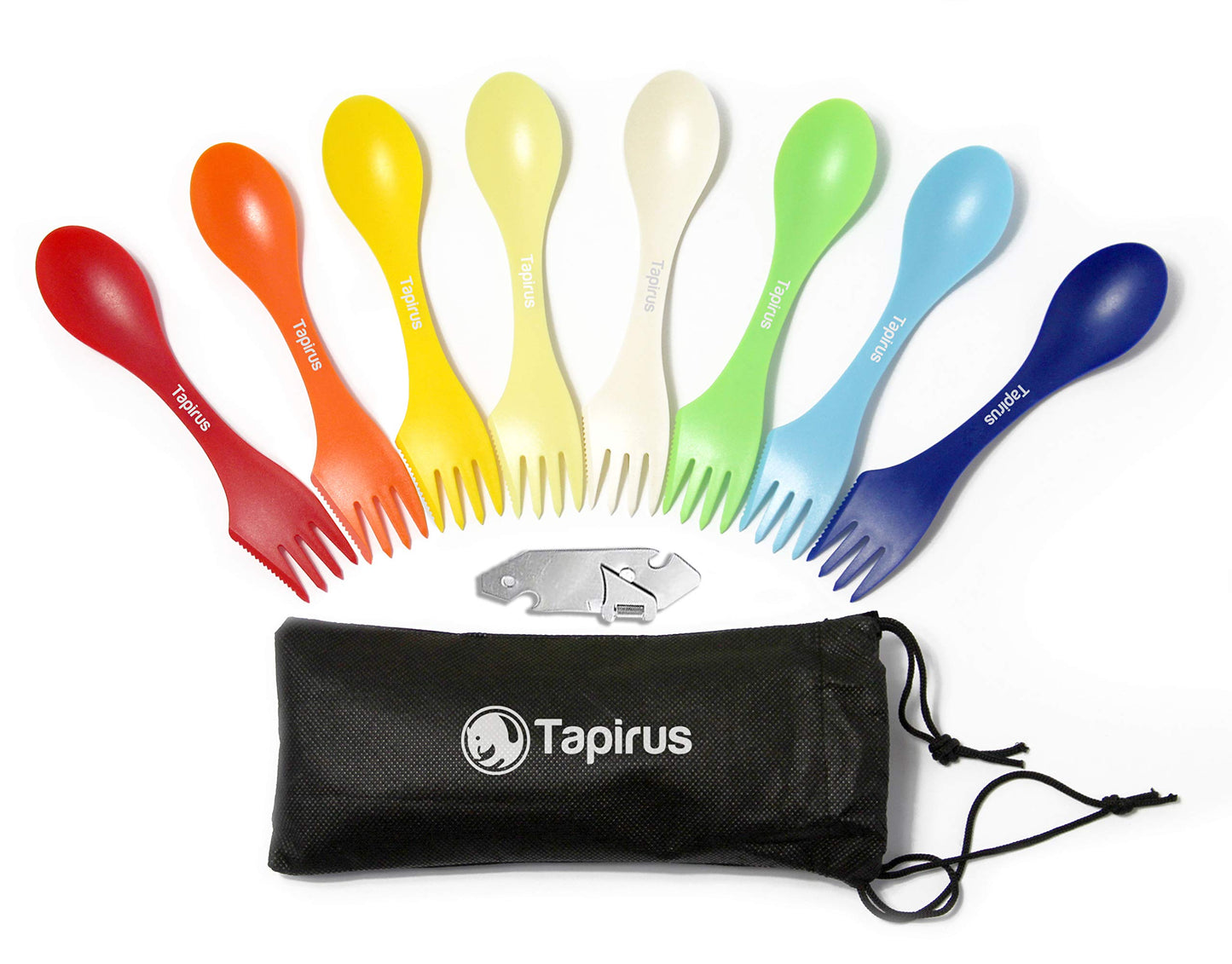 Tapirus - Camping Sporks to Go V8 Set - 7" BPA Free Plastic Sporks Reusable - Camping Spoon Fork Knife Combo with Bottle Opener & Case - For Hiking, Hunting, Backpacking Utensils, MREs - Pack of 8