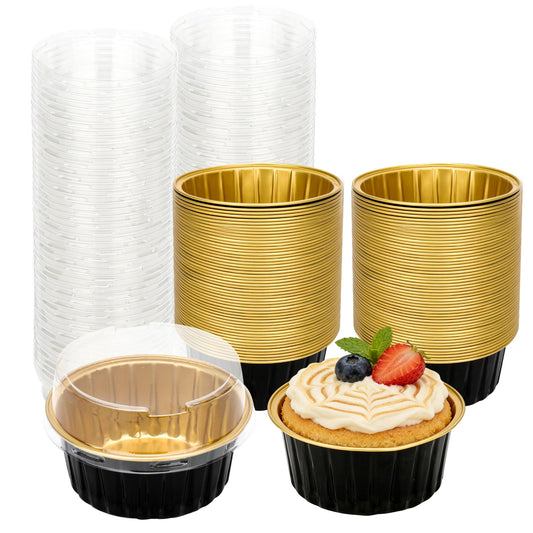 100 Pcs 8 Oz Round Ramekins Cups With Lids,Aluminum Foil,Mini Baking Cups For Creme Brulee,Cupcake,Cheesecake,And Glutinous Rice Cake, Black And Gold