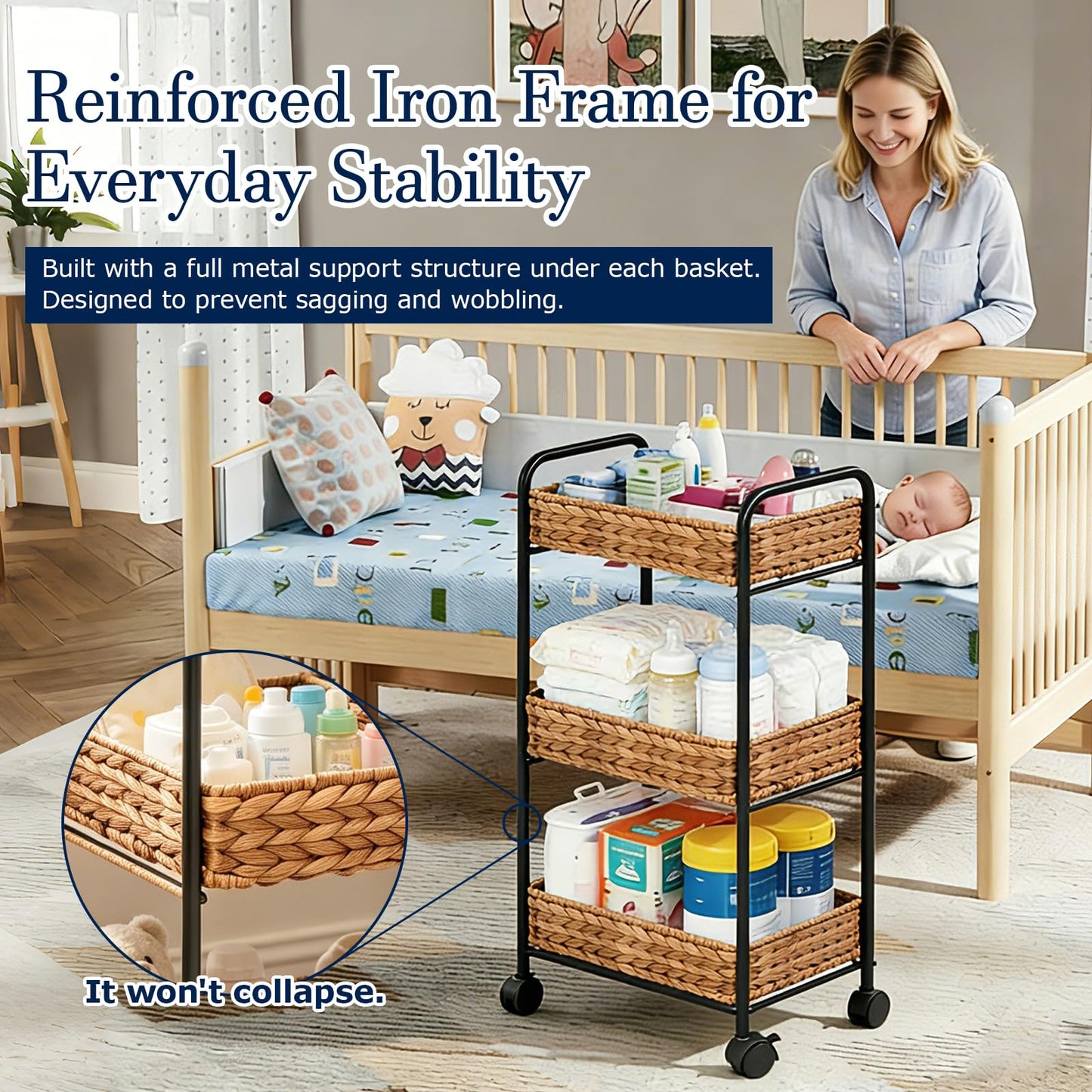 LuyaVogue 3 Tier Bathroom Cart with Woven Baskets, Bedside Cart for Baby Essentials, Boho Nursery Storage Cart, Slim Bathroom Cart Organizer, Natural Wicker Style