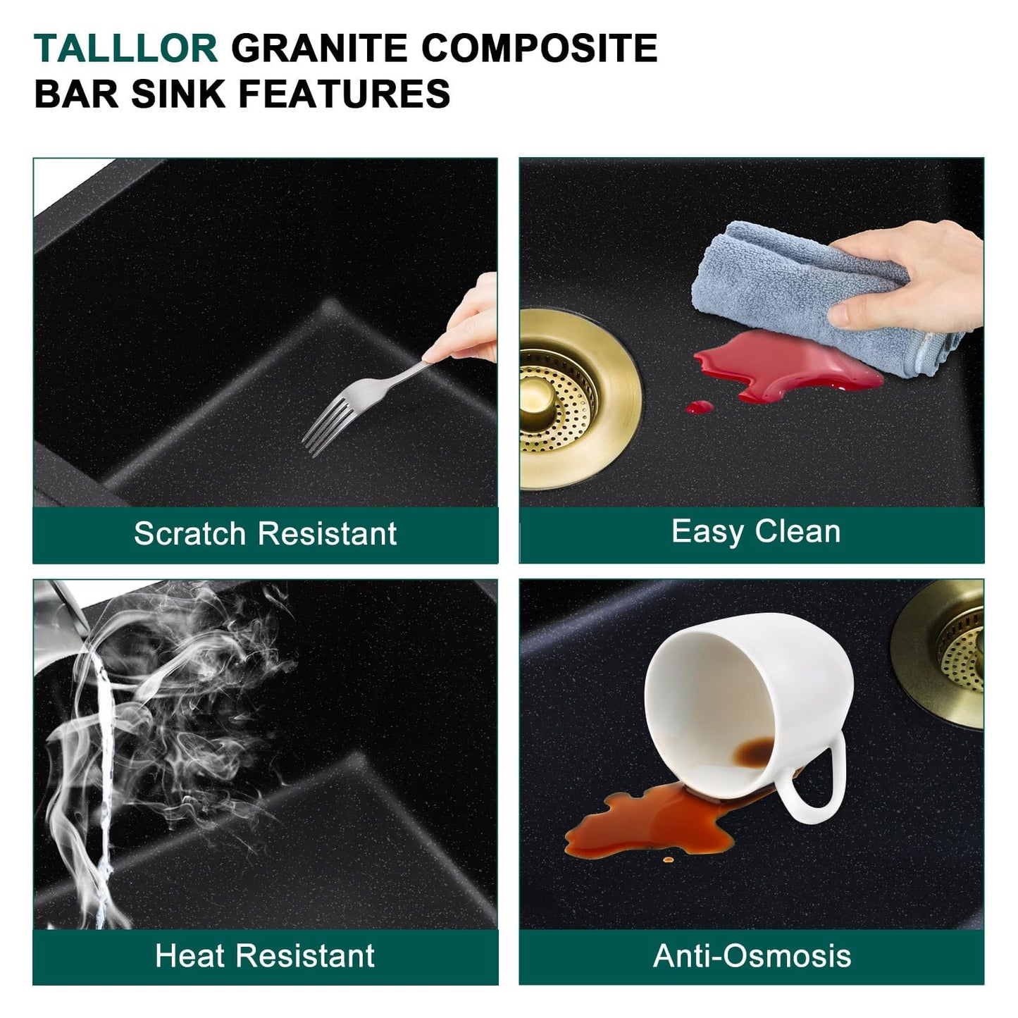 Talllor 21x18 Inch Undermount Bar Sink Workstation - Matte Black Granite Composite Single Bowl Classic Quartz Under Counter Wet Prep Sink for Kitchen Bar, RV, Boat, and Outdoor #TLGU-129