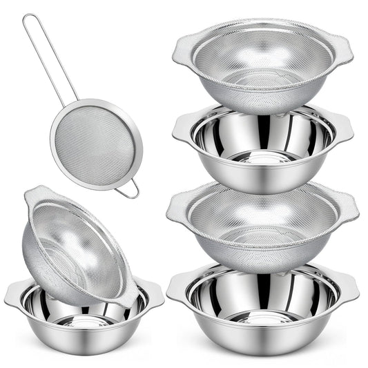 7Pcs Stainless Steel Colander Set, Rice Strainer with Mixing Bowl, 3/4/5QT Large Capacity Microporous Colander with Handle, Mesh Strainer for Washing and Draining Vegetables, Fruit, Dishwasher Safe
