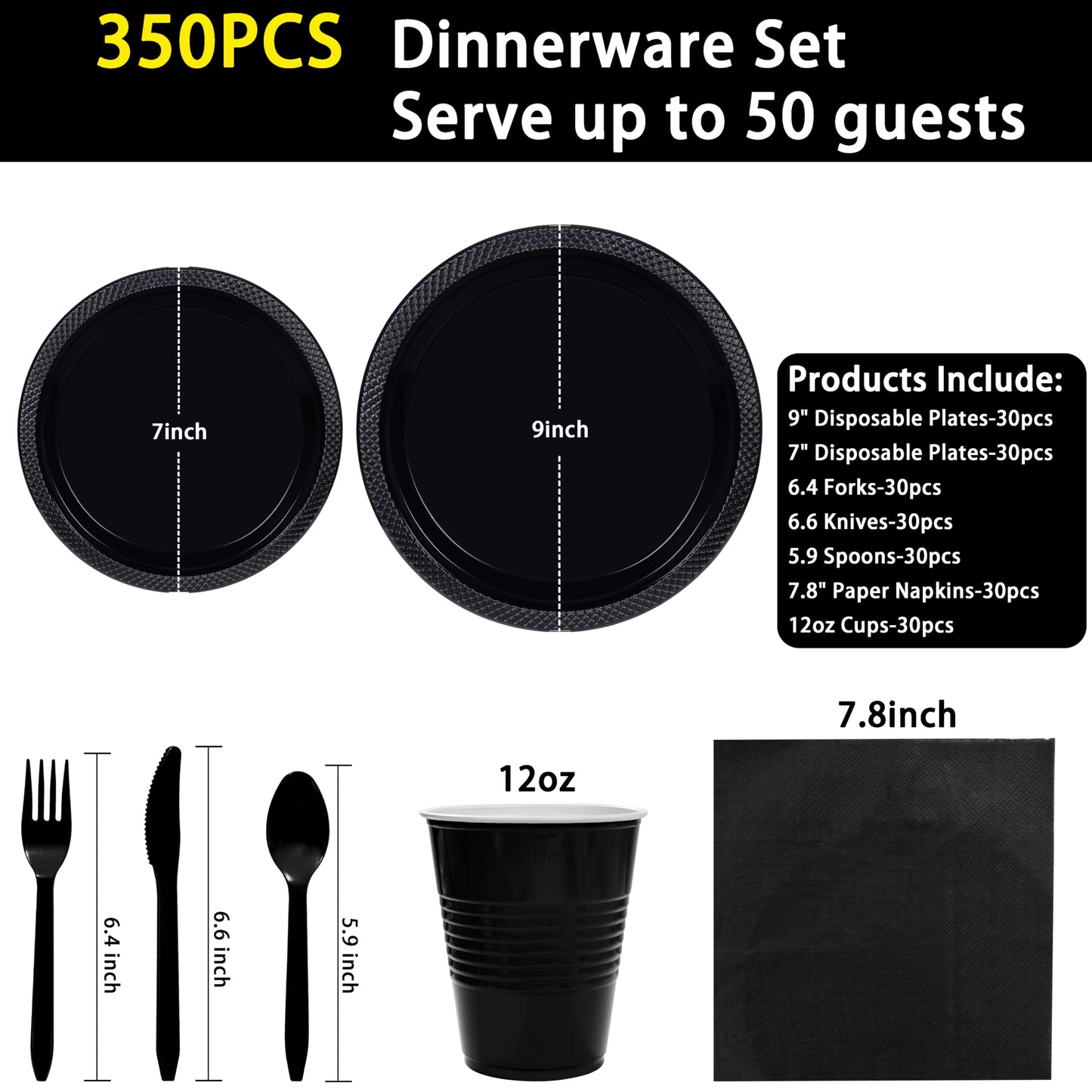 MirthMood 350PCS Black Disposable Plates,Black Plates,Plastic Party Supplies, Includes 50 Dinner Plates, 50 Salad Plates, 50 Silverware, 50 Napkins and 50 12OZ Cups for Wedding & Birthday & Party