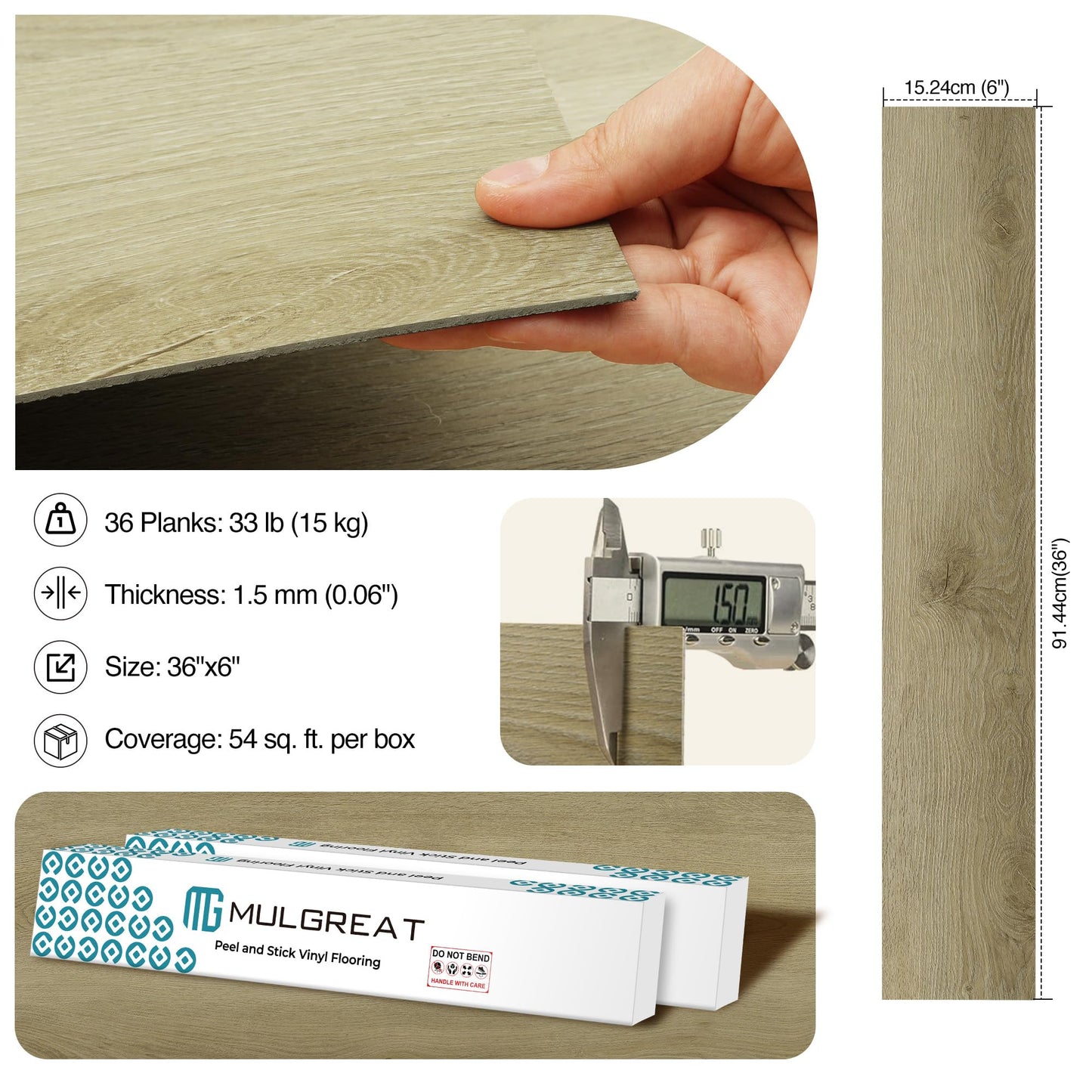 MULGREAT Peel and Stick Floor Tile, 54 Sq.Ft 36 Pieces 36"x6" Long Vinyl Flooring, 1.5mm Thick Waterproof Renter Friendly Self Adhesive Vinyl Plank Flooring for Bedroom RV Kitchen (Beige Oak)