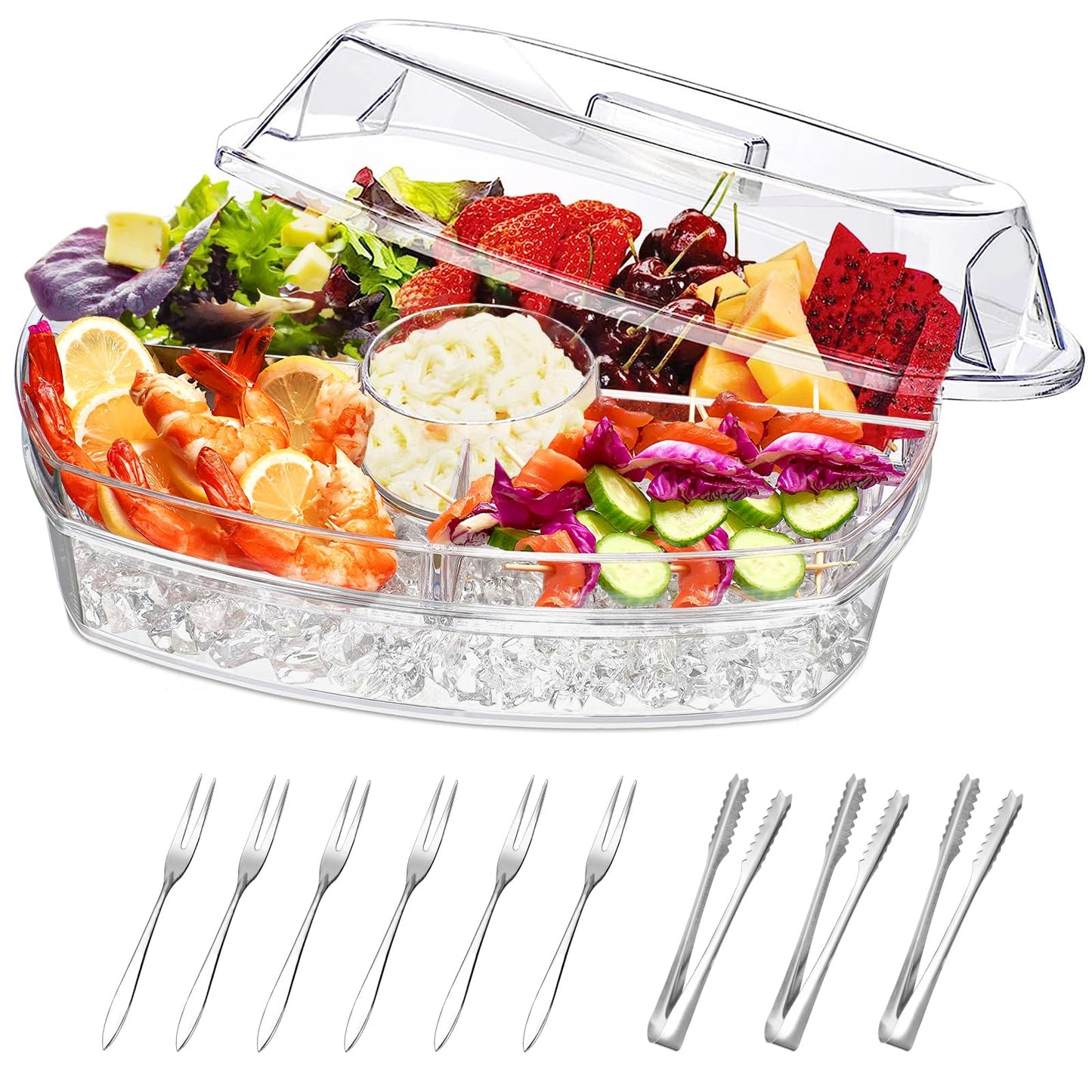 Chilled Serving Platters,Chilled Veggie Tray with Lid,Ice Serving Platters and Trays Cold Travel,Fruit Ice Serving Tray,Appetizer Fruit Snack Tray Keeps Food Cool