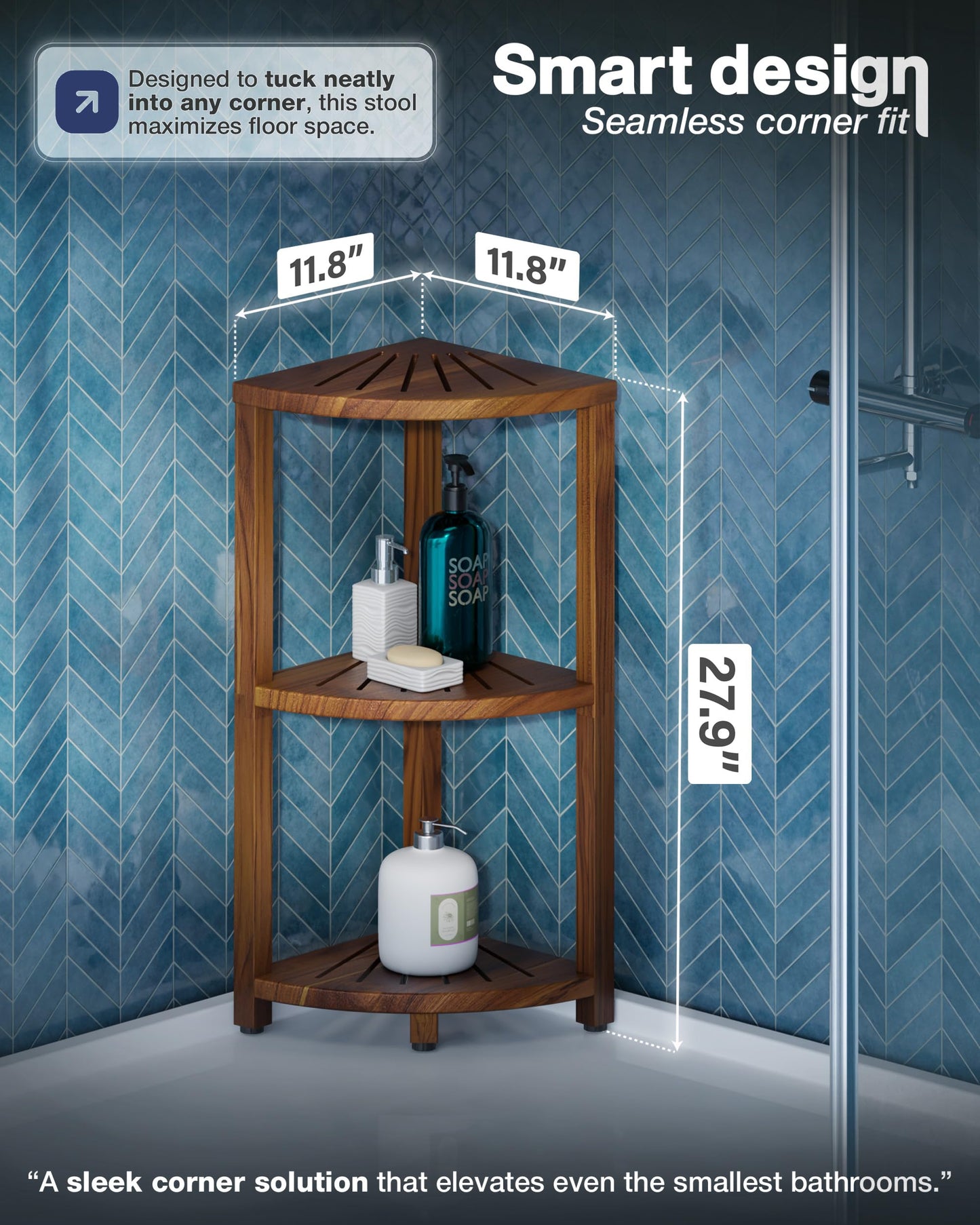 BLUEWEST 3-Tier Corner Shower Caddy Stand, Wood Shower Organizer Standing with Anti-Slip Feet, Waterproof & Durable Bathroom Corner Shelf, Space-Saving Design Storage for Kitchen or Living Room