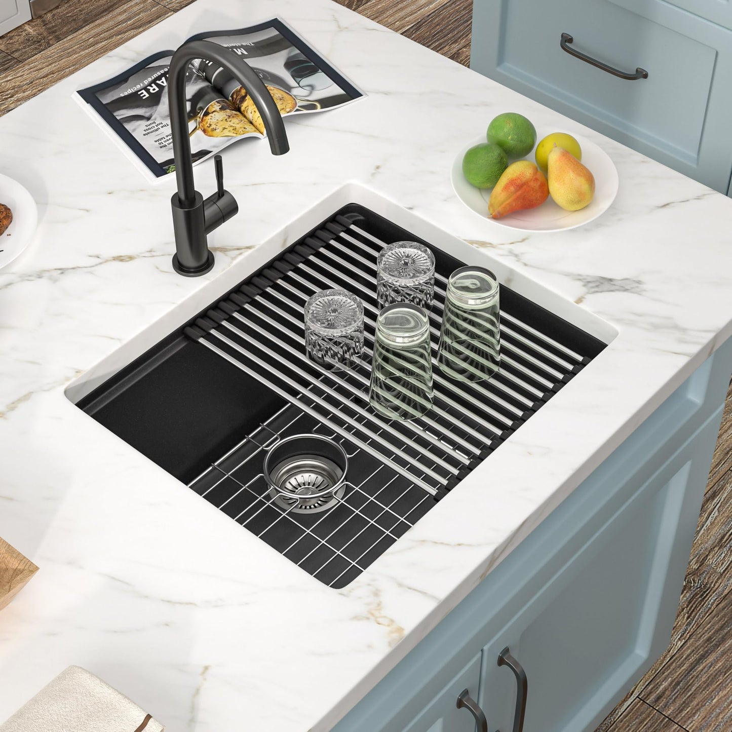 Fulorni 21"x18" Undermount Wet Bar Sink Workstation - Matte Black Granite Composite Quartz Classic Single Bowl Under Counter Small Kitchen Bar Prep RV Sink Basin