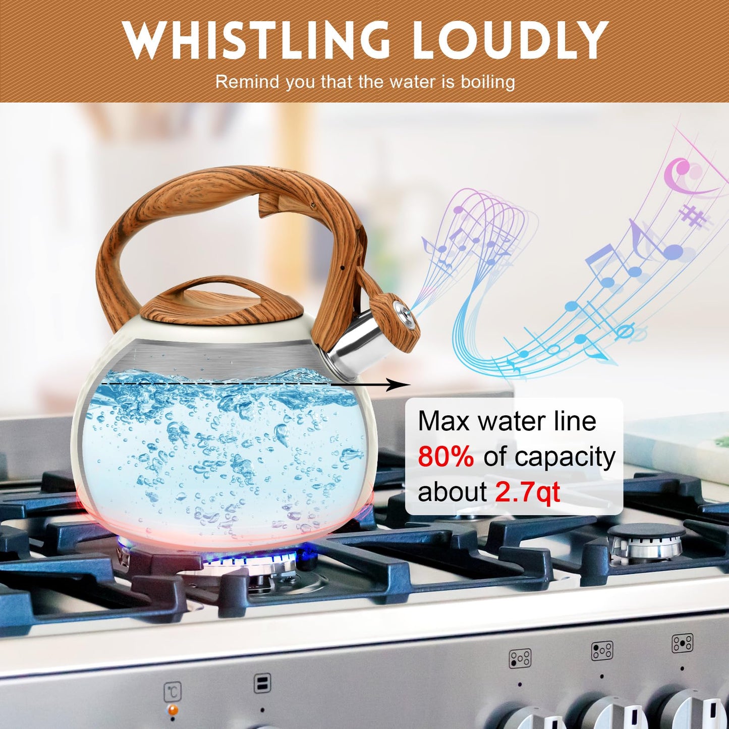 GGC Tea Kettle for Stove Top, Loud Whistling Kettle for Boiling Water Coffee or Milk, 3.1 Quart 3L Heavy Stainless Steel White Kettles with Wood Pattern Handle, Unique Button Control Kettle Outle