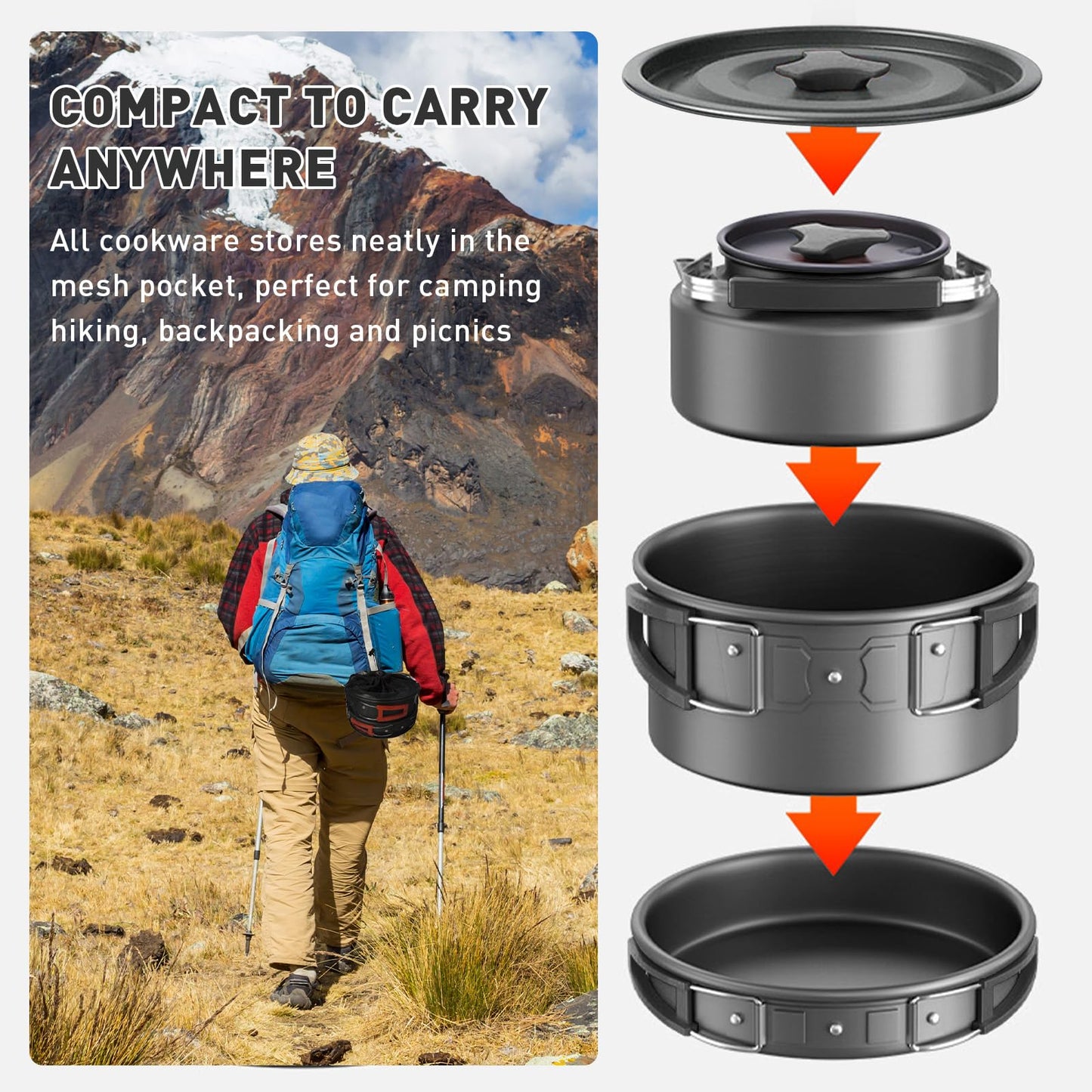 Camping Cookware Camping Cooking Set, Non-Stick Camp Pots Pans with Stove Kettle, 2 Stainless Steel Plates, 2 Water Cups, 2 Sets of Knives & Forks, Spatula, Dish Towel, Carry Bag, for Outdoor Cookset