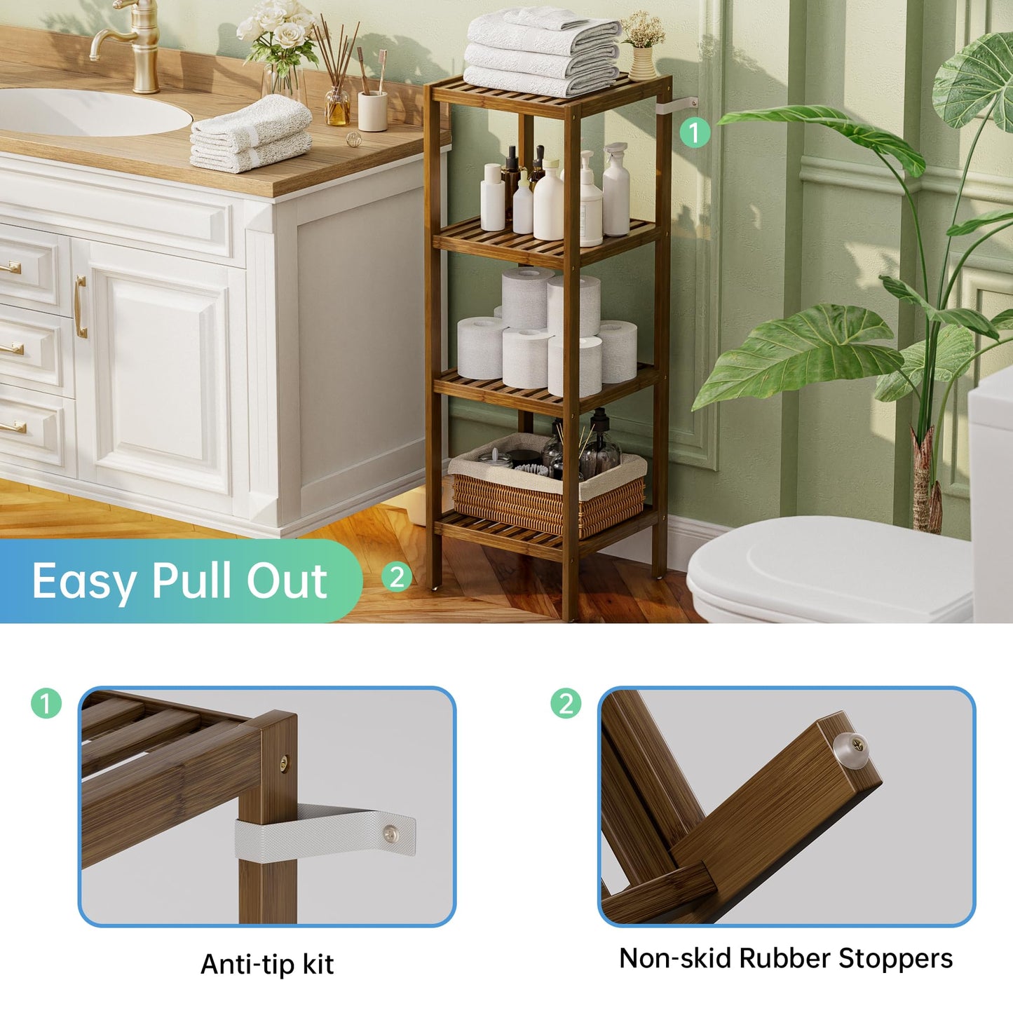 SMIBUY Bathroom Storage Shelf, 4-Tier Bamboo Rack Organizer, Multifunctional Shelving Unit for Living Room Bedroom Kitchen (Walnut)
