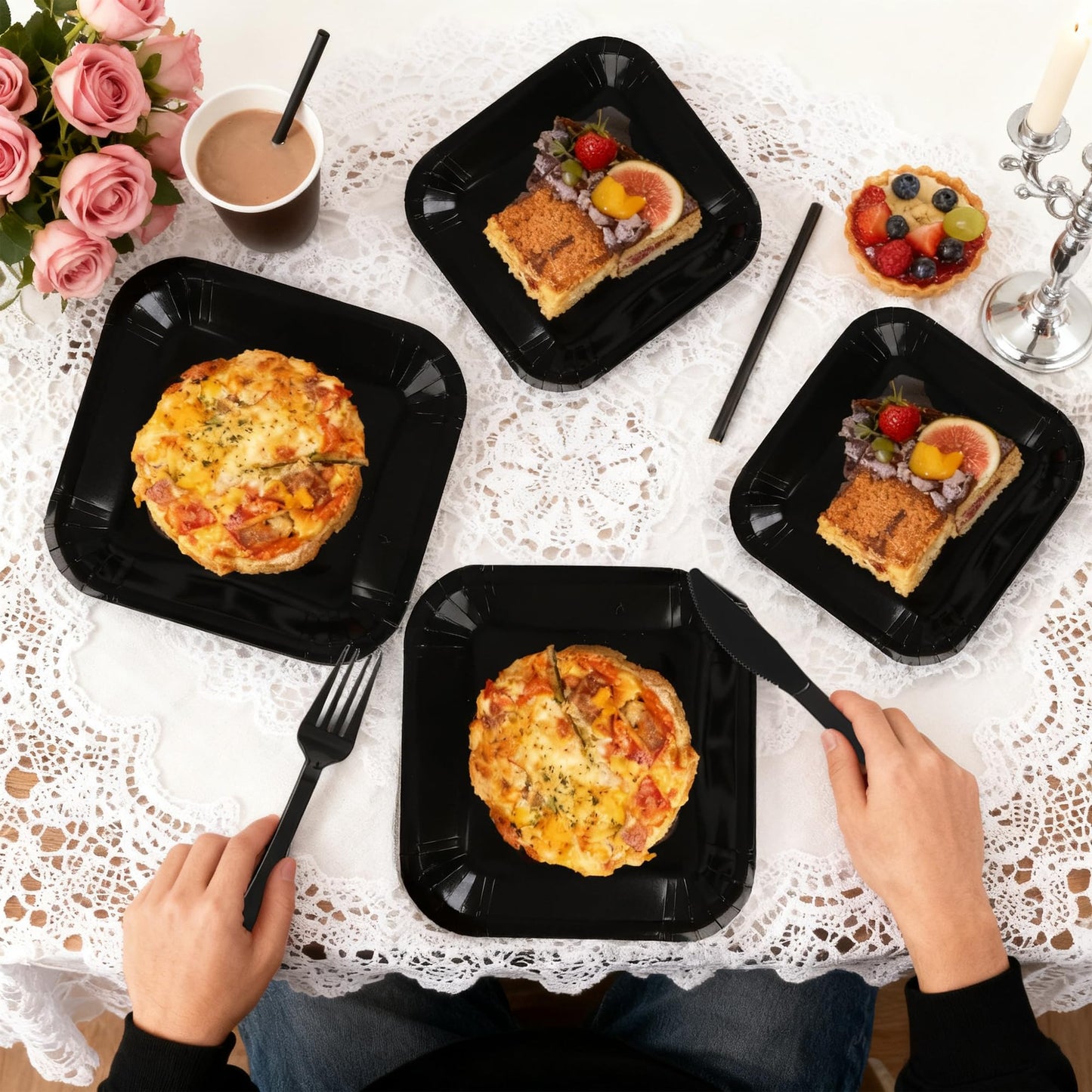 Oeeuyasn 129 PCS Black Disposable Dinnerware Set for 16 People, Party Supplies with 7"/9"Paper Plates, Cups, Napkins, Plastic Forks, Knives,Tablecloth for Wedding Birthday, Graduation, Festivals