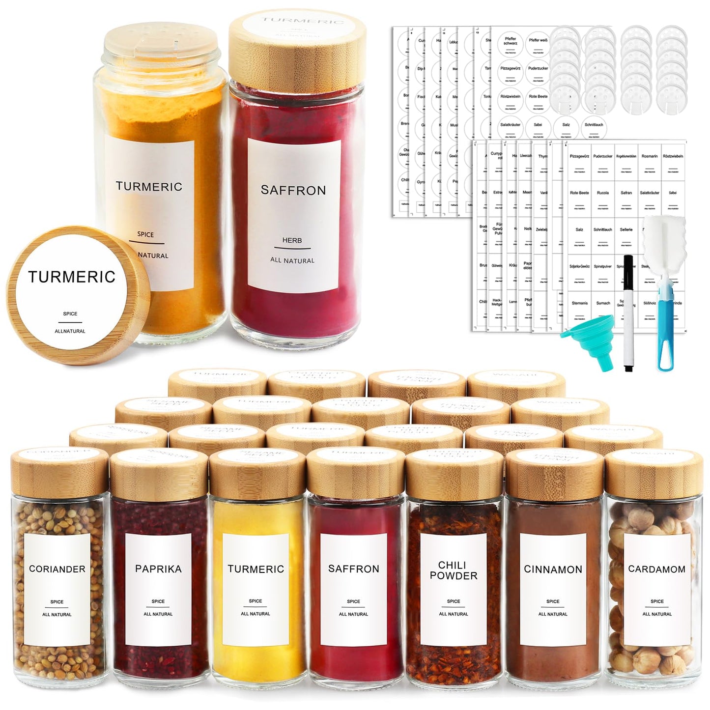 AISIPRIN Glass Spice Jars with 398 Labels-4oz 24 Pcs,Round Seasoning Jars with Bamboo Airtight Lids,Spice Container Set -Shaker Lids, Funnel,Brush and Marker Included