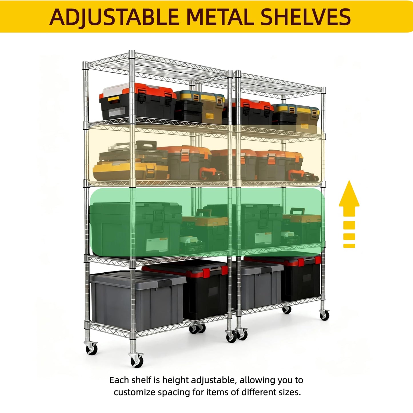 Heavy Duty 5-Tier Wire Rack Shelving Unit, Adjustable Storage Rack with 3" Rubber Wheels, 1750 lbs Capacity, Chrome Standing Shelf for Kitchen, Garage, Warehouse, Office - 47"D x 17.72"W x 74"H