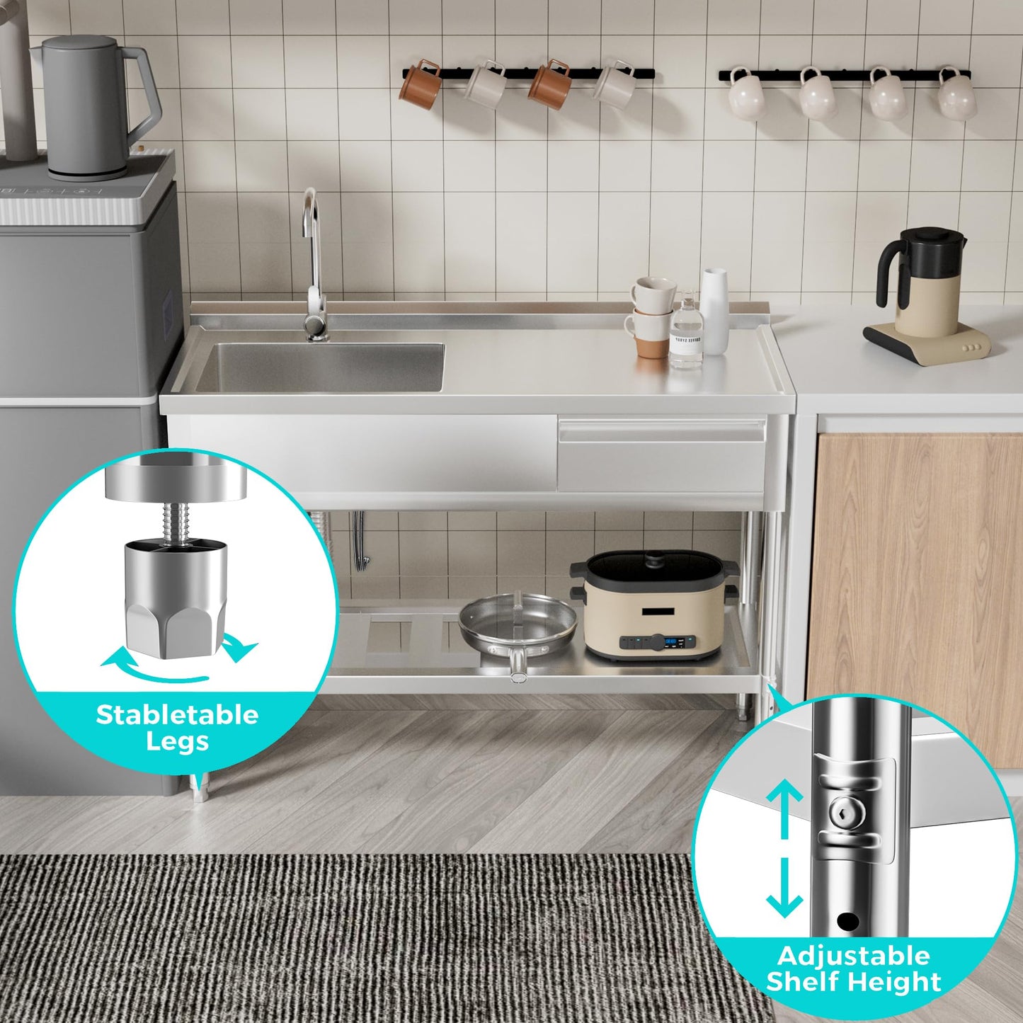 304 Stainless Steel Sink, Free-Standing Commercial Sink with Workbench, Drawer Storage & Hot/Cold Water Pipes for Laundry, Farmhouse & Outdoor Use