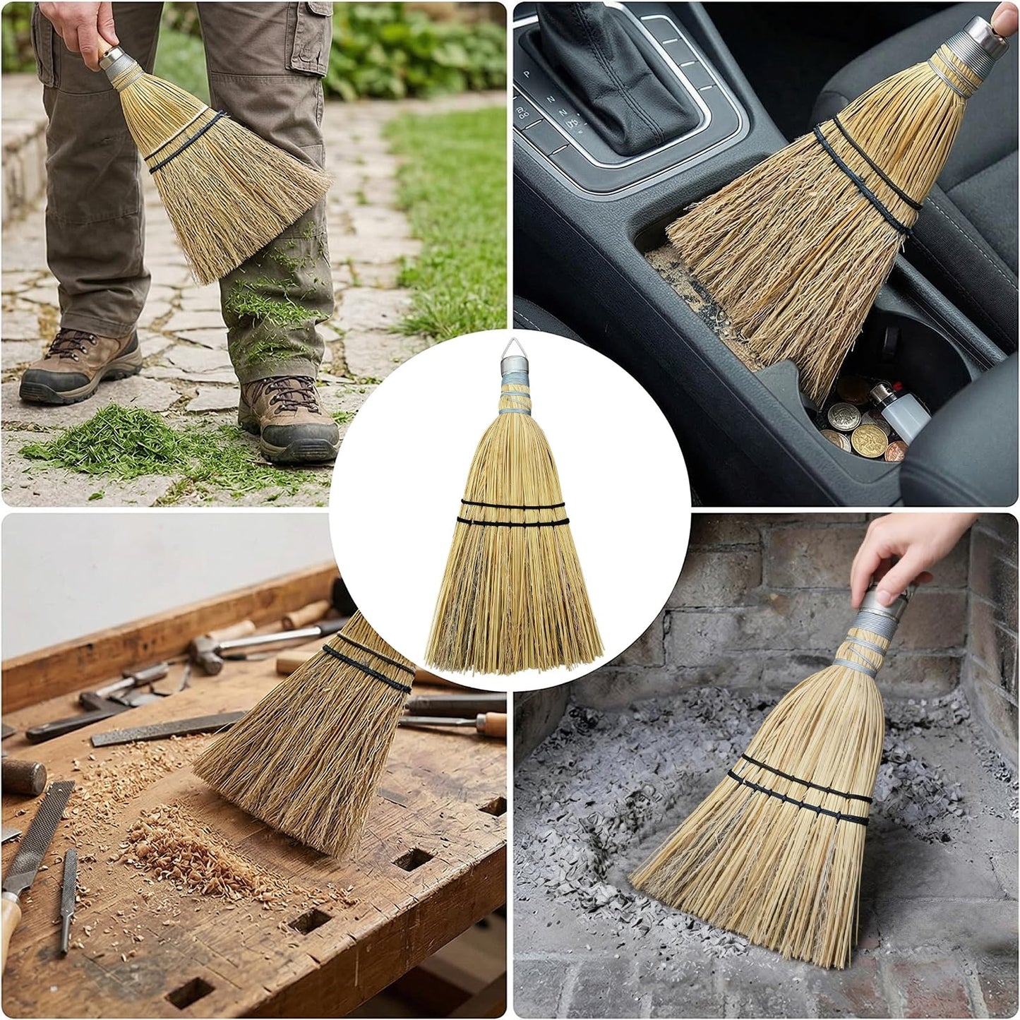 SINZHU Hand Held Whisk Broom 2 Pack, 12" Natural Handmade Corn Mini Broom with Stiff Bristles, Small Straw Sweeping Brush for Fireplace, Car Detailing, Workbench & Farmhouse Decor