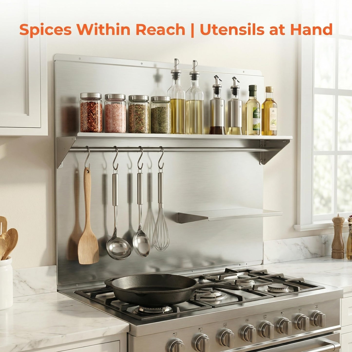 MIAOOWITH 36×29.5 Inch Stainless Steel Stove Backsplash with Shelf, Rust-Proof Kitchen Wall Protector Stainless Steel - Easy No-Drill Installation
