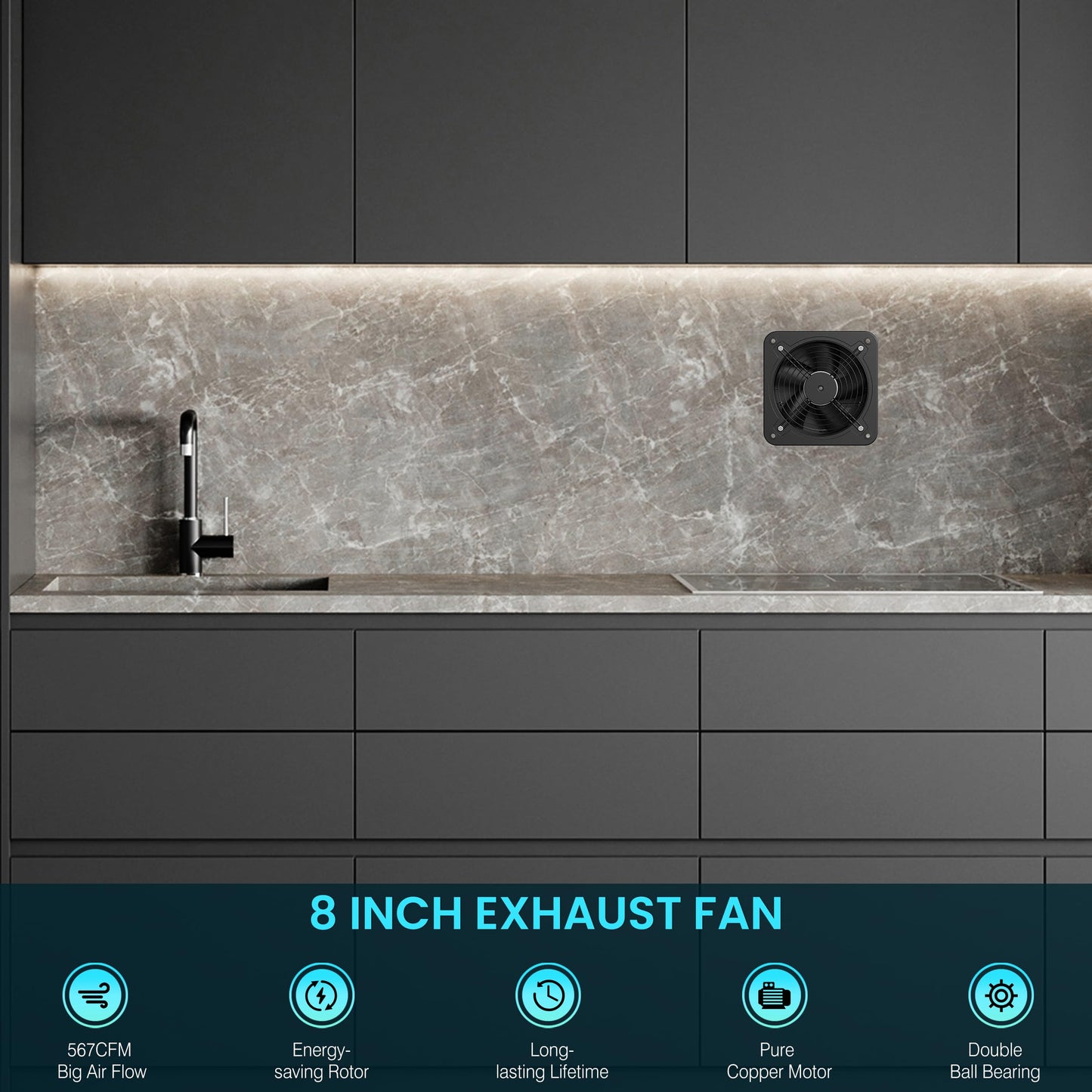 HG Power 8 Inch Exhaust Fan with Speed Controller, 567 CFM Kitchen Exhaust Fan with Damper, Metal Extractor Fan for Window, Attic, Ceiling, Basement Ventilation
