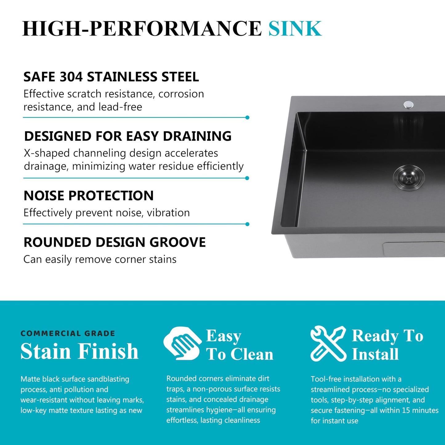 Comllen 28x18 inch Stainless Steel Black Drop In Kitchen Sink,28 Inch Topmount Sinks,16 Gauge 9 Inch Deep Single T304 Single Bowl Kitchen Sink With Strainer