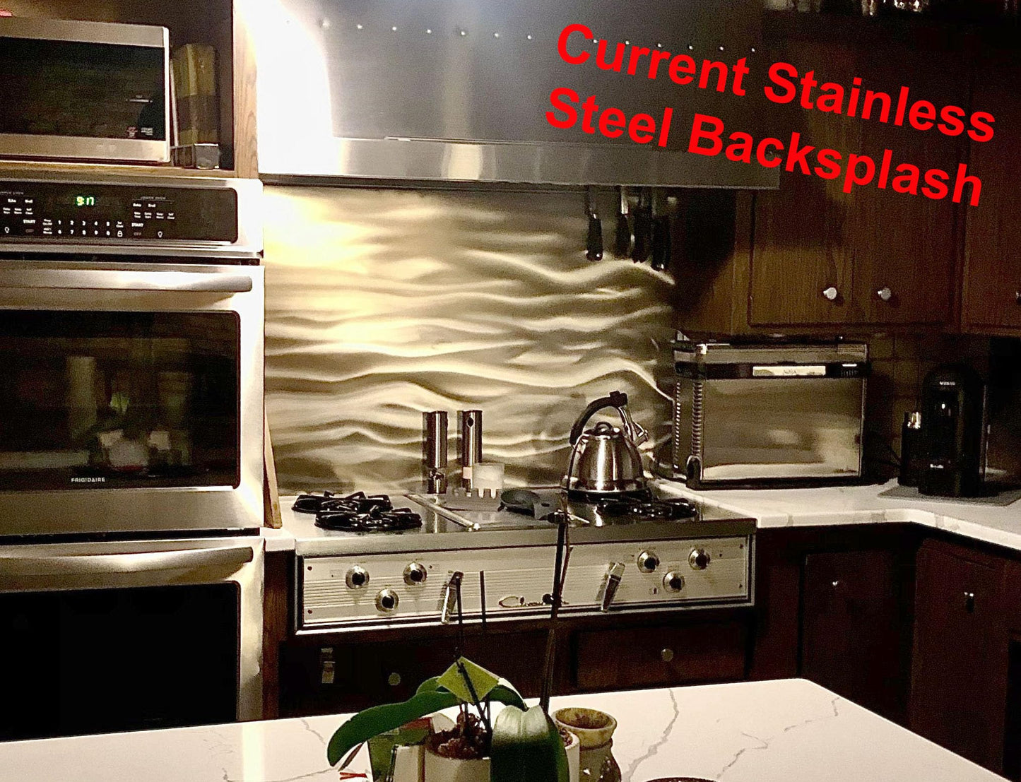 Currents Stainless Steel Kitchen Backsplash 24" x 30" - Beautiful, all stainless steel range backsplash with an engraved Currents pattern. Available in 24"x30", 24"x36", 24"x48", and 30"x48" sizes