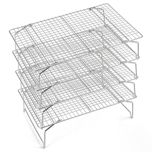 P&P CHEF Cooling & Baking Rack, 4-Tier Stainless Steel Stackable Grid Cooking Racks for Cooling Roasting Grilling, Collapsible & Heavy Duty, Oven & Dishwasher Safe, 15" x 10"