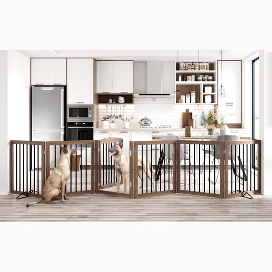 Vantas Folding Pet Gate 144" Wide, 30" Tall No-Assembly Wooden Dog Gate with Door Walk Through, Freestanding Puppy Safety Fence, with 2PCS Support - Brown