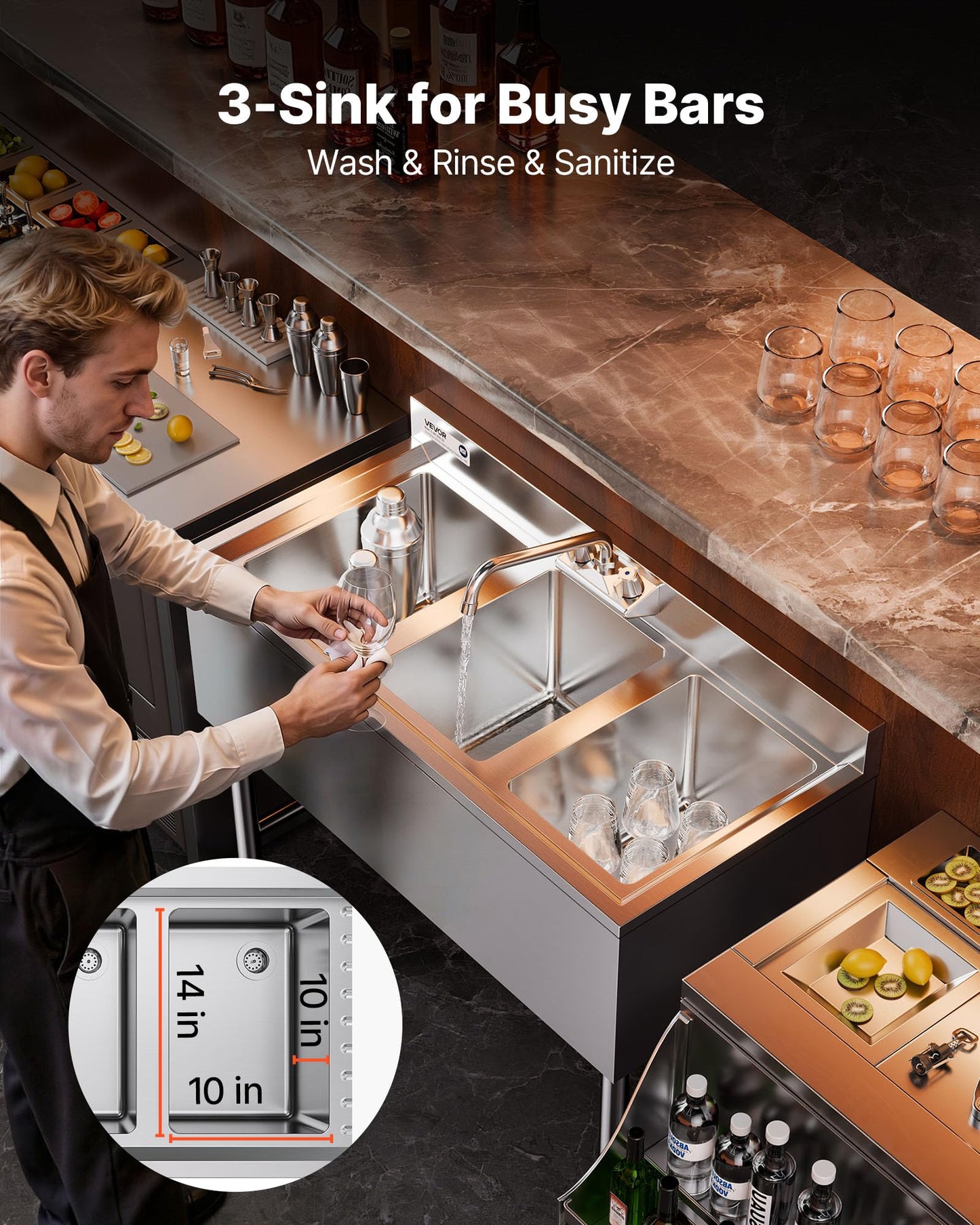 VEVOR 3 Compartment Sink, 18-Gauge 304 Stainless Steel, 10" x 14" x 10" Bowl Size, 3 Bay Commercial Under Bar Sink with Backsplash and Efficient Drainage for Kitchen, Restaurant, Food Truck & Home Use