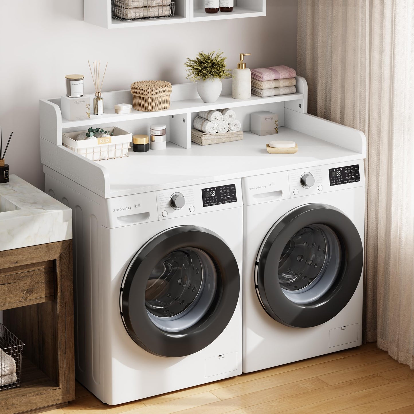 Garvee 54" Washer Dryer Countertop with 2-Tier Shelf, Wooden Laundry Countertop with Non-Slip Pad and Guard Rails, Washer and Dryer Topper for Laundry Room Organization