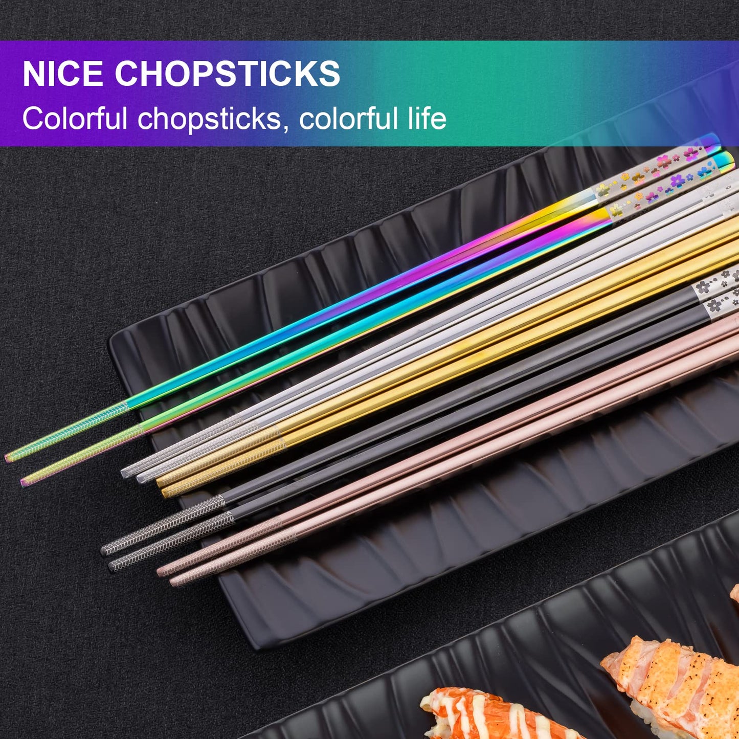 FOFAYU Metal Chopsticks Reusable 5 Pairs Multicolor Stainless Steel Chopsticks Dishwasher Safe Square Lightweight Non-Slip Chop Sticks Present Set