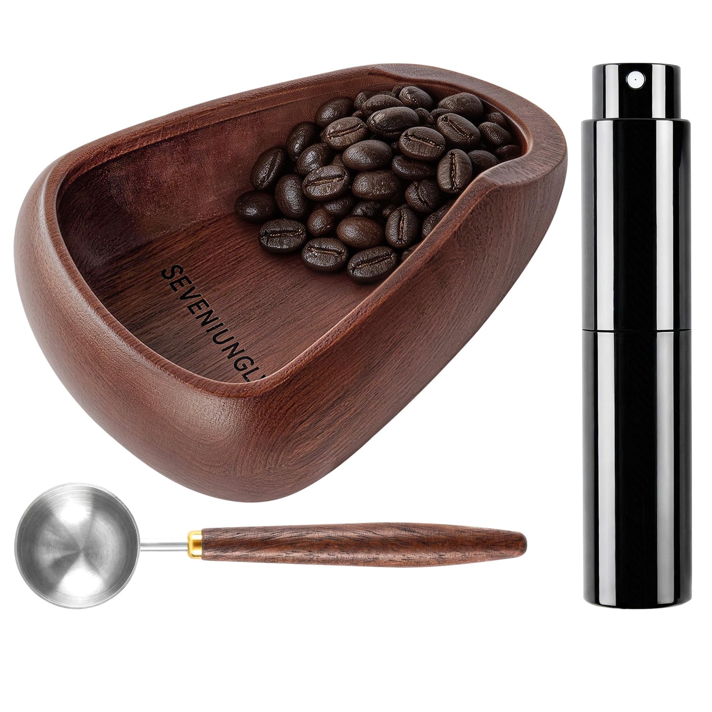 Coffee Bean Dosing Cup and Spray Bottle Set Black Walnut Espresso Accessories Kit with Static Reduction Spray Bottle Wooden Measuring Tray for Coffee Beans Grounds Tea