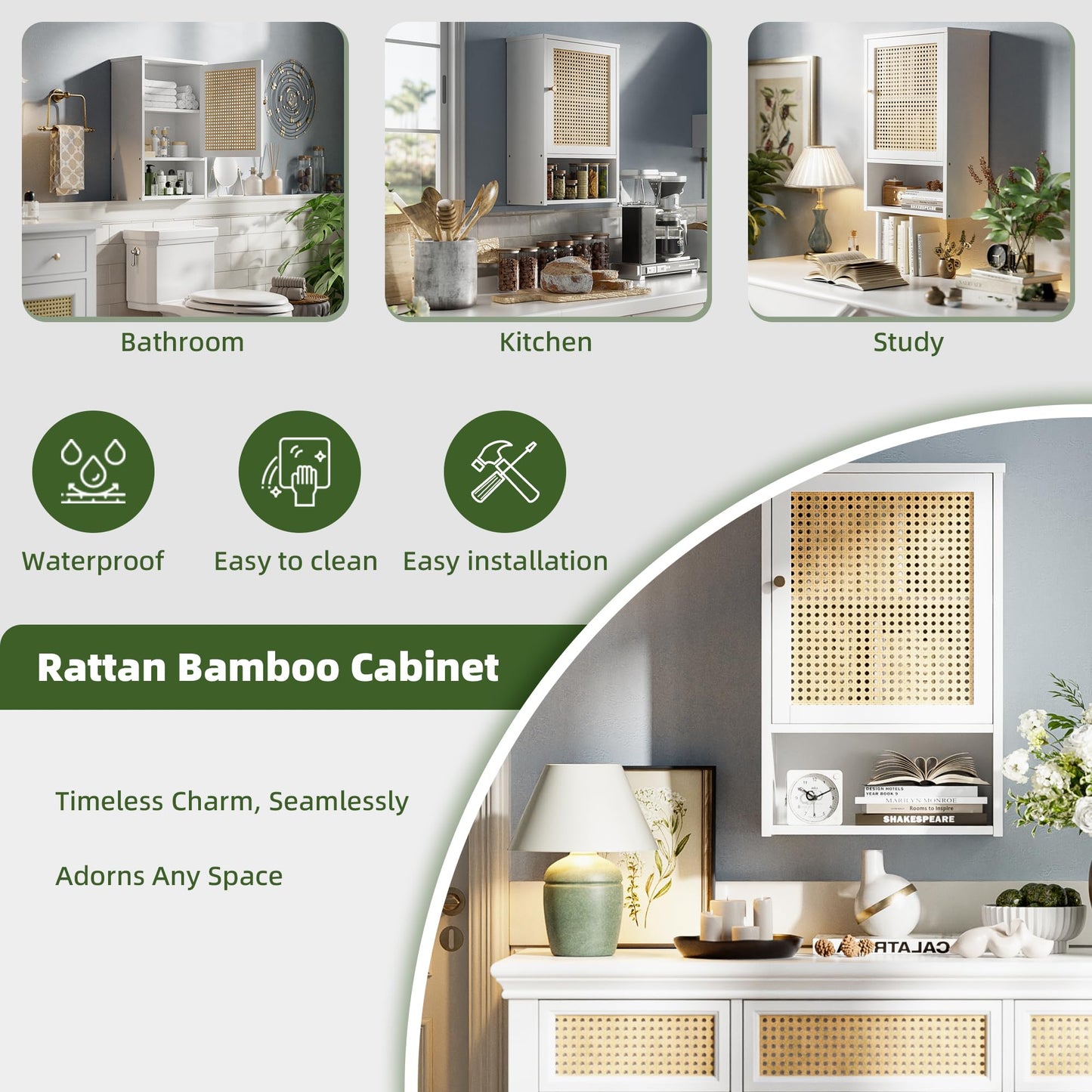 vovala Bathroom Wall Cabinet, Bamboo Over-The-Toilet Storage Organizer with Rattan Doors and Adjustable Shelf, Space Saver Medicine Cabinet for Laundry, Kitchen, Living Room (White)