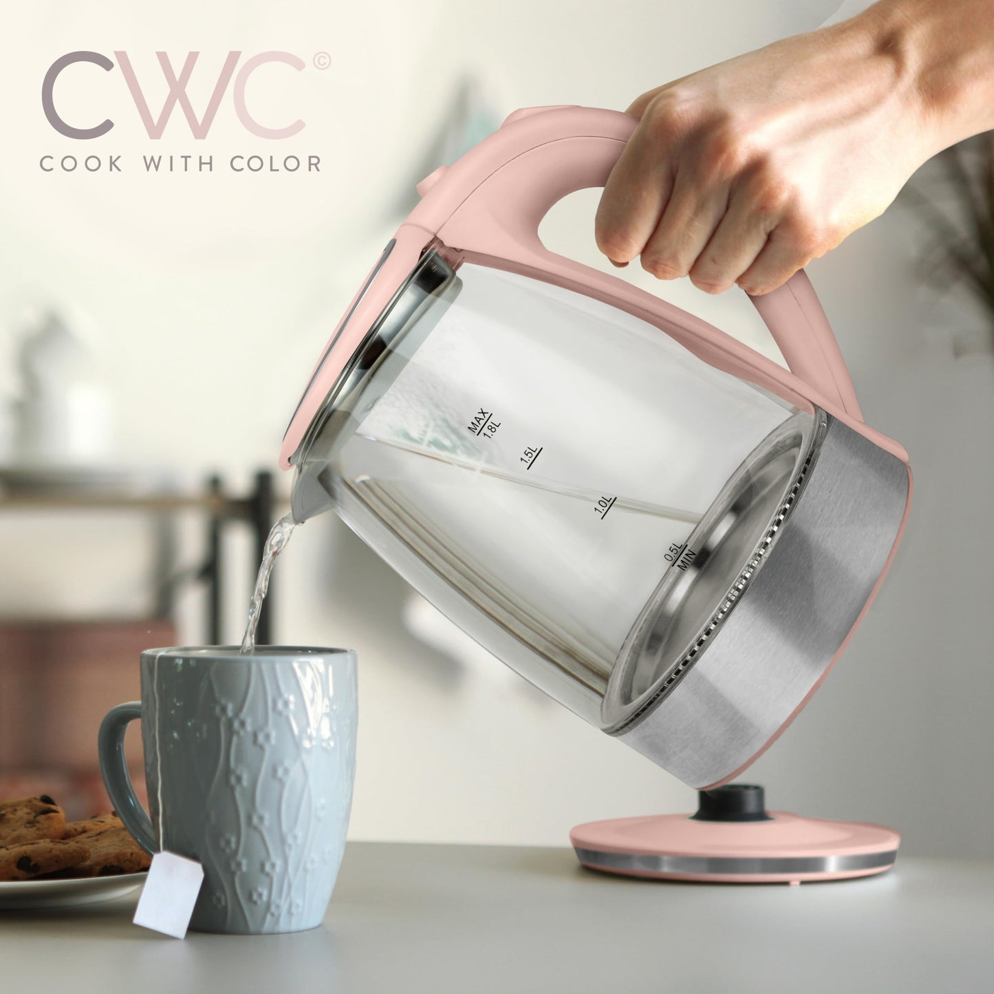 COOK WITH COLOR Electric Tea Kettle, 1.8L Cordless Hot Water Boiler, 1200W Rapid Boil, Auto Shutoff & Boil Dry Protection, BPA-Free, Sleek Countertop Design, Blush